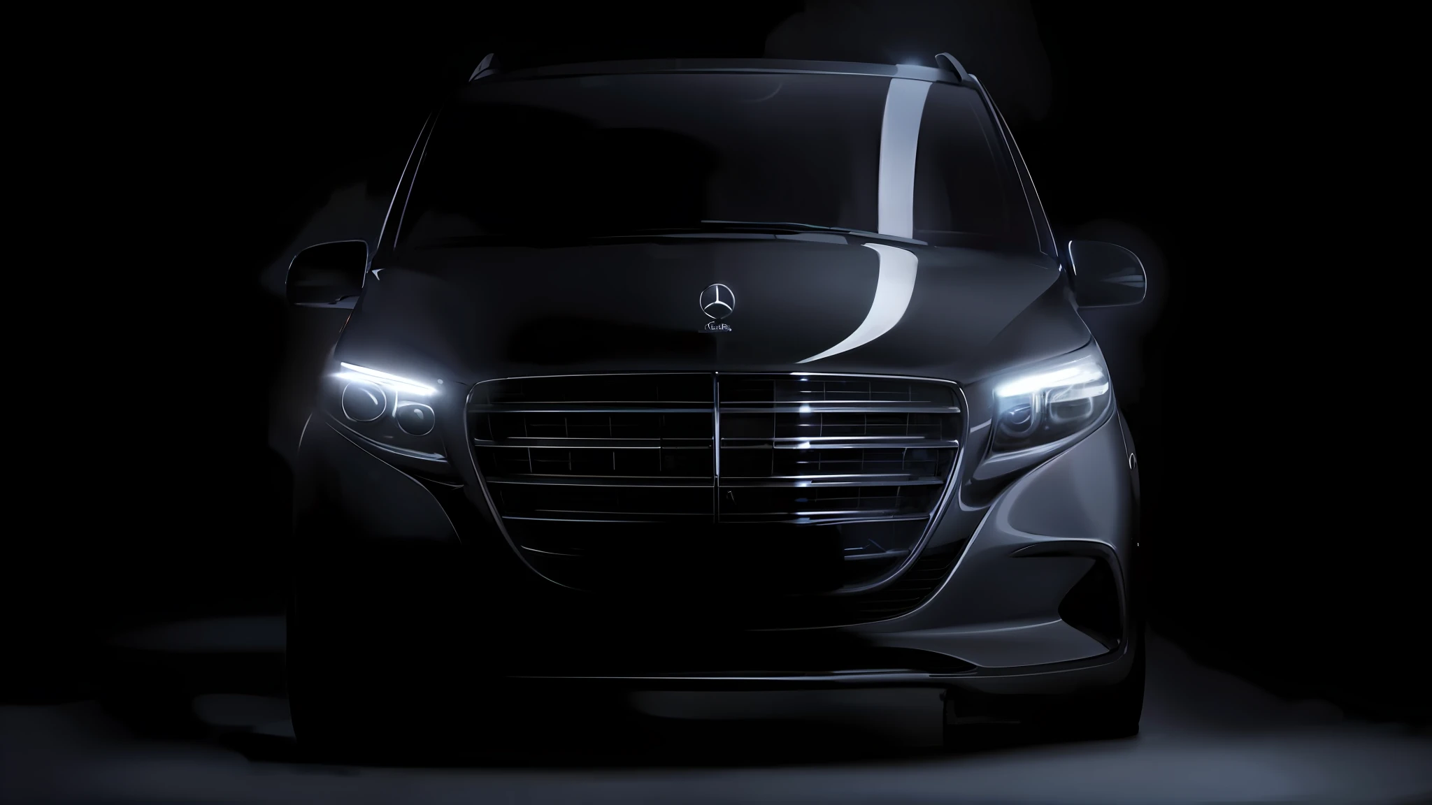 the front of a black mercedes s - class sedan in a dark room, front lighting, cinematic front shot, mercedez benz, mercedes, front lit, front profile shot, black car, front on, front portrait, with cool headlights, concept, front shot, front perspective, front profile, frontshot, on black background, headlights shine with neon light, new vehicle