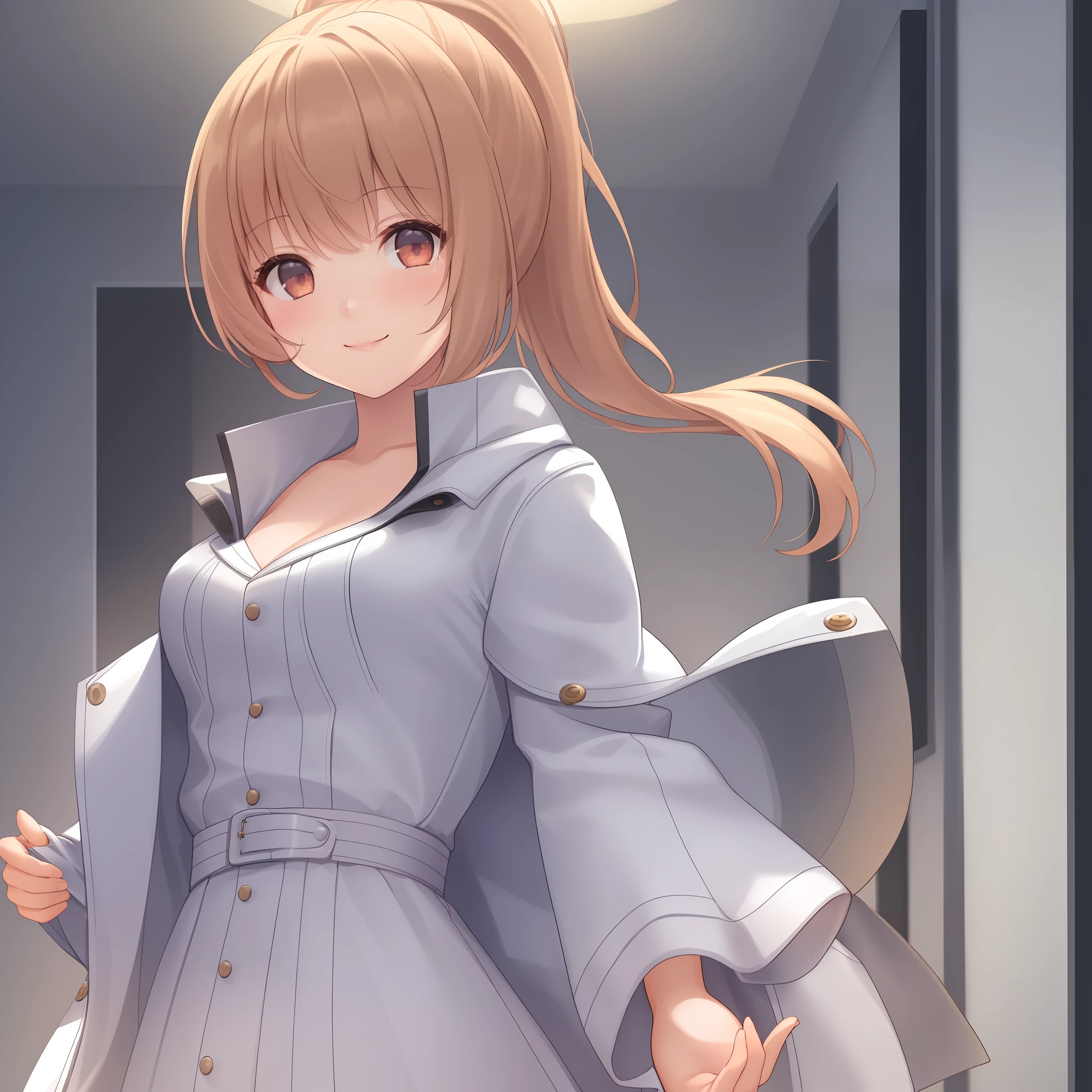 1girl, 4k, best quality, looking at viewer, open coat, nude, detailed face, removing jacket, smile, indoors, dot eyes, ((upper body)), ponytail,
