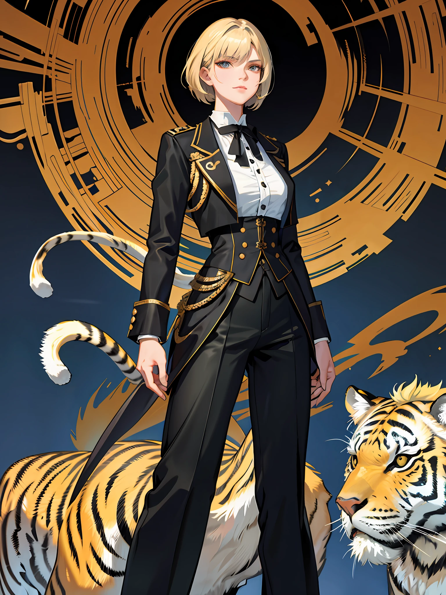 (Highest resolution, distinct_image) Excellent, masterpiece, high detail, semi-realistic, Dishonored 2, a very beautiful woman, solo, normal handsome stance, short blonde hair, golden eyes, indifferent expression, 18 years old, young, tall and strong , black military uniform, trousers, military pants, military boots, military uniform, military school, confident, serious, aloof and arrogant, standing on a cliff, next to a big tiger, overlooking