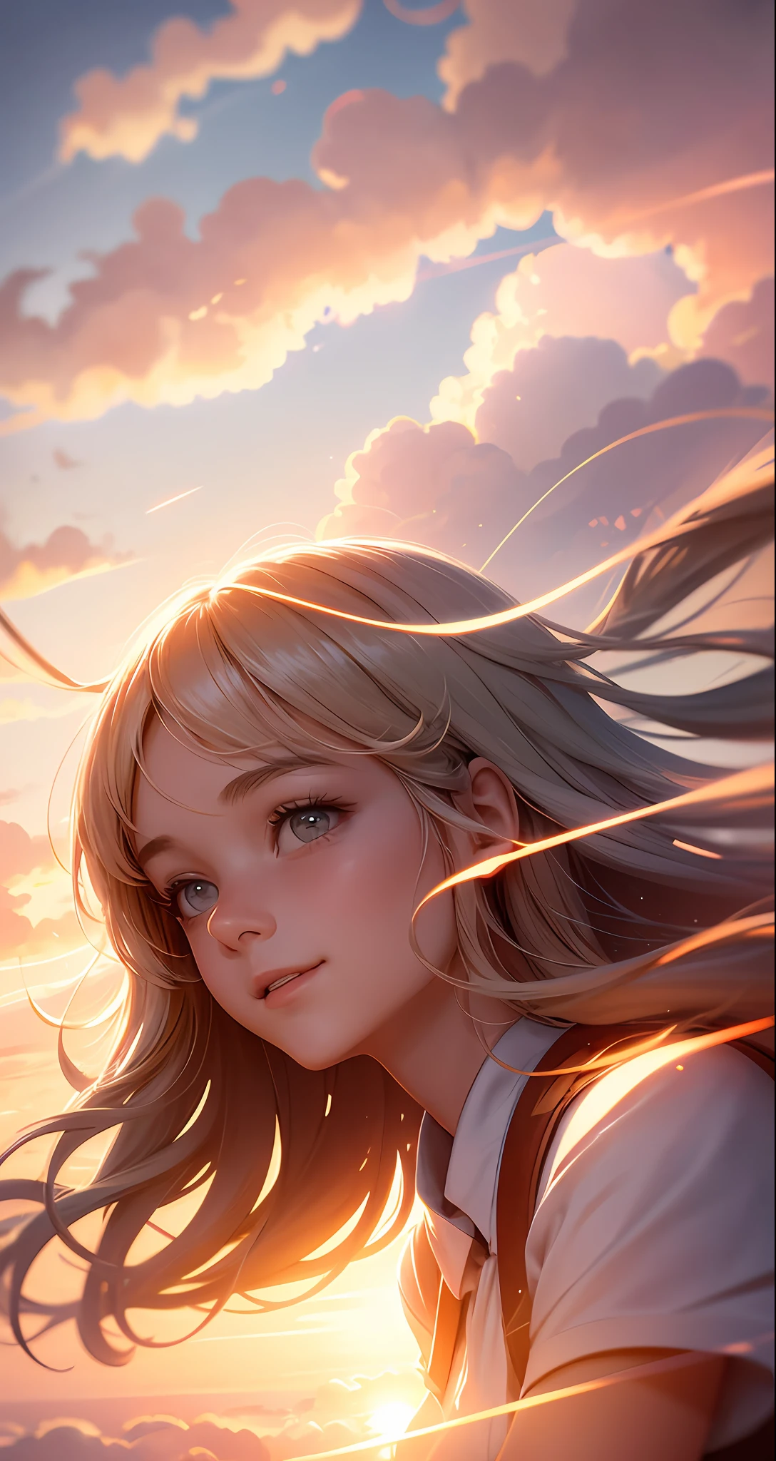 masterpiece, best quality, movie still, 1girl, cloud girl, floating in the sky, close-up, bright, happy, warm soft lighting, sunset, (sparks:0.7)