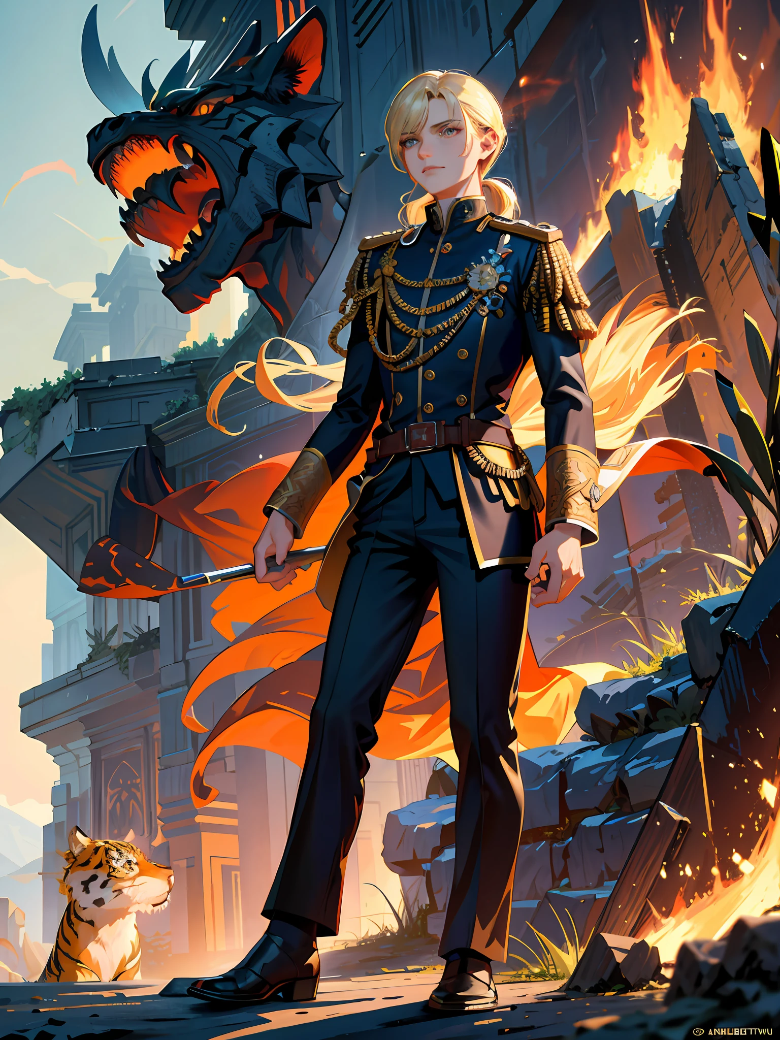 (highest resolution, distinct_image) superb, masterpiece, high detail, semi-realistic, Dishonored 2, a very beautiful woman, solo, normal handsome stance, long blond hair, golden eyes, indifferent expression, 18 years old, young, tall Strong, golden jacket, black military uniform, trousers, military pants, military boots, military uniform, military school, confident, serious, cold and proud, standing on a cliff, with a flying western dragon behind him, and a big tiger next to him, overlooking