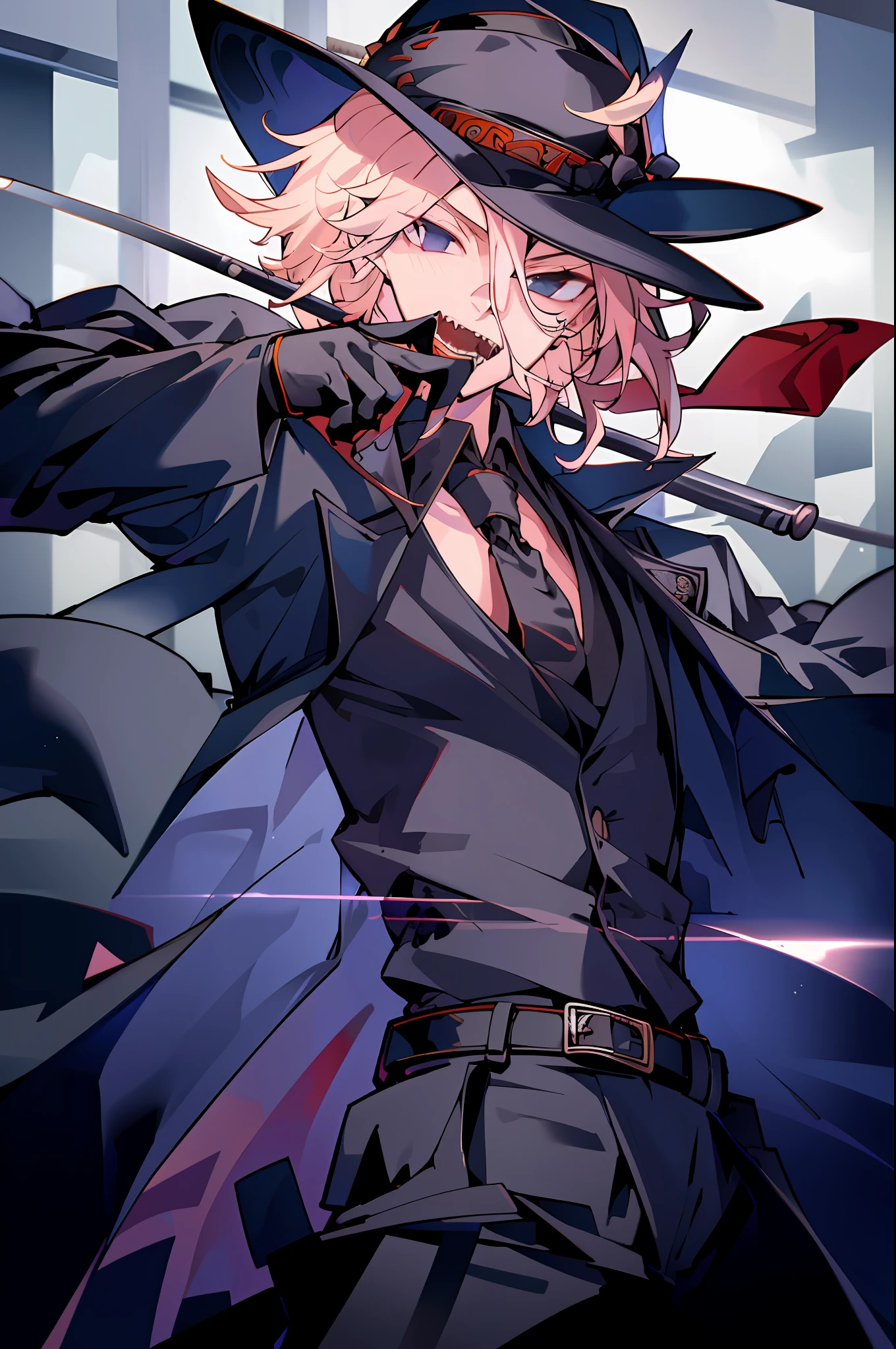 (masterpiece, best quality:1.2), cowboy shot, solo, male focus, 1boy, katana, katana man, sharp teeth, open mouth, black necktie, sleeves rolled up, black trenchcoat,black hat, belt
