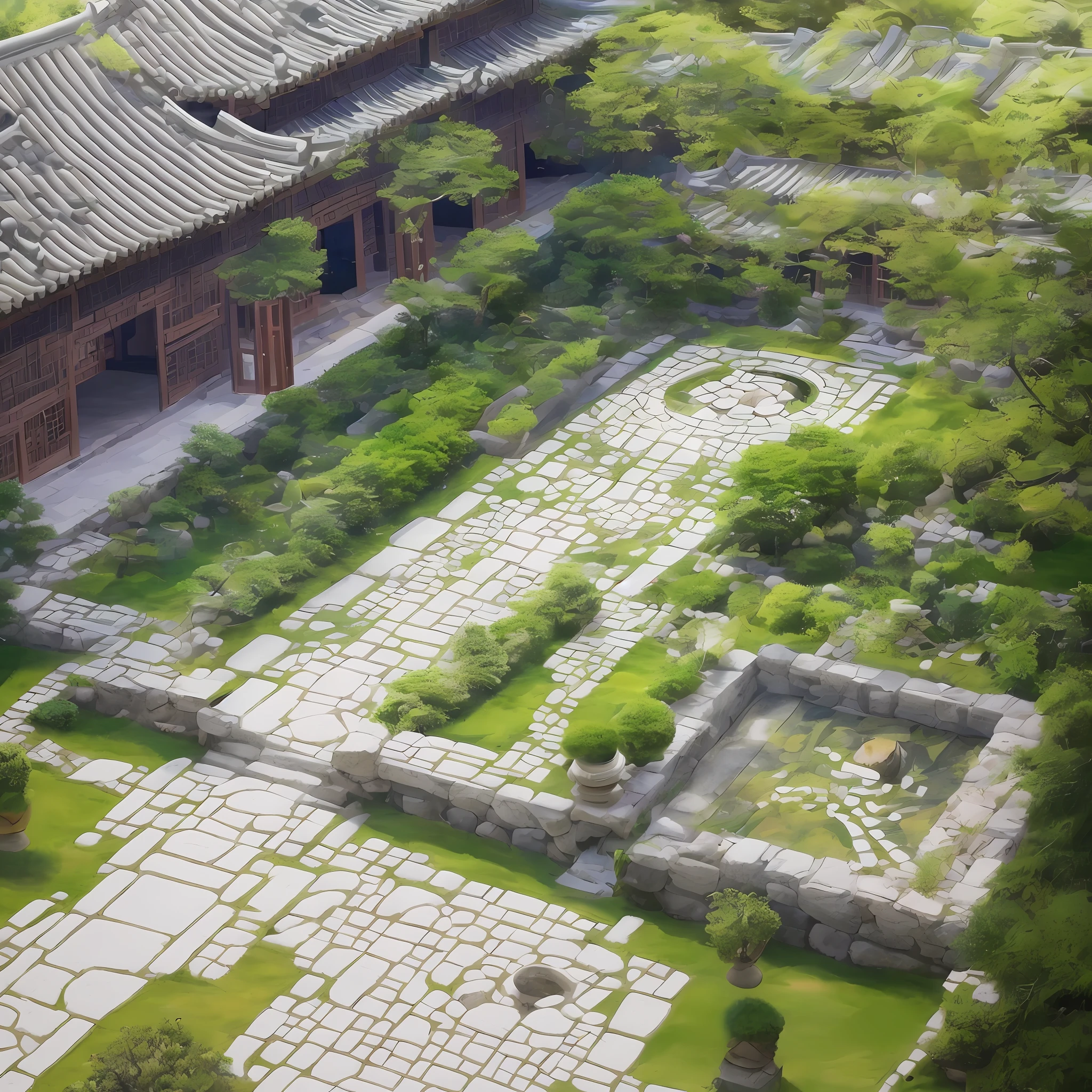 The courtyard is square and surrounded by high walls. Pebbles can be seen clearly, and small fish are trapped in the center. If you only drink well water, you will never grow long. traditional Chinese painting
