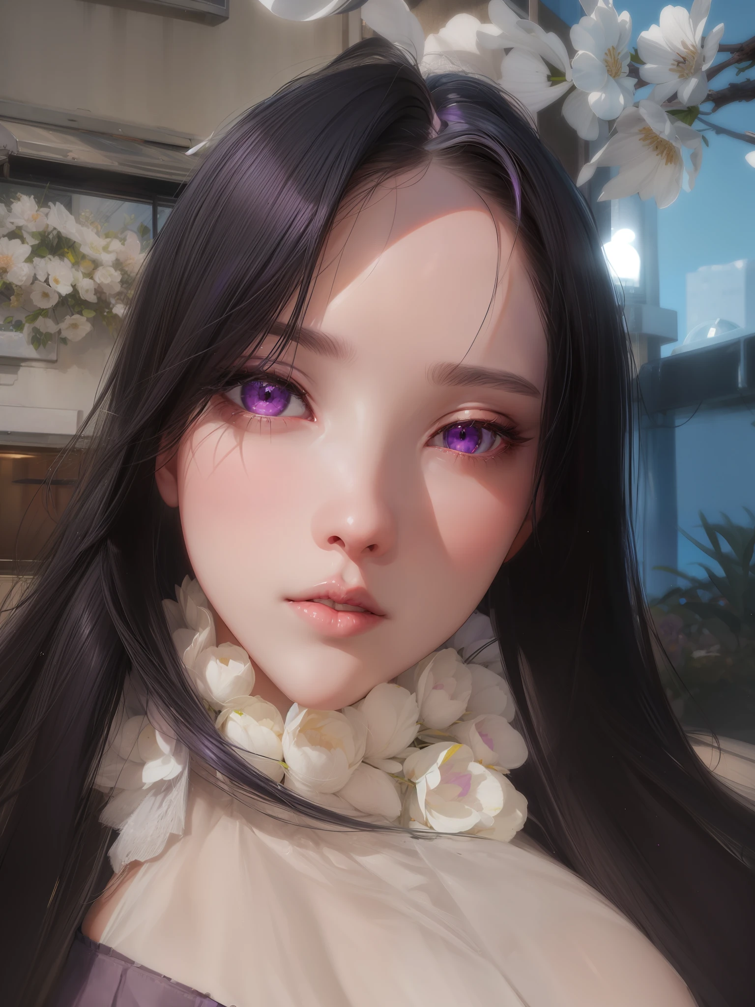 realistic, 1girl, white hair, purple eyes, glowing eyes, crop top, skirt, parted lips, blush, night, flowers, sun, sunlight,