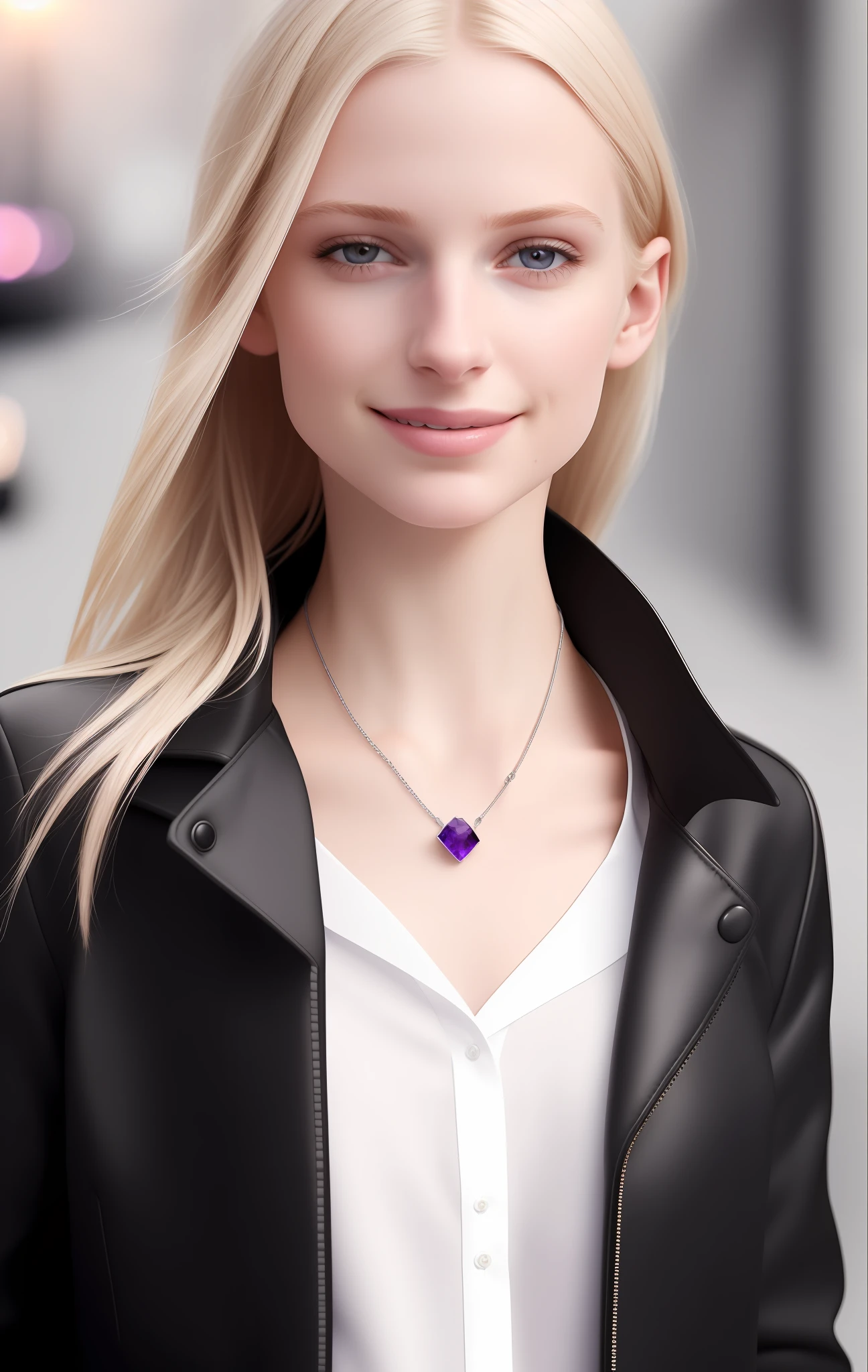 8k uhd, realistic, highest quality, high detail, solo, detailed skin, detailed face, young russian scandinavian dark blonde woman 20yo in strict black jacket and white blouse walk the street in spring. Looking aside. white eyes, (freckles:0.7), stunning, natural beauty, light makeup, open jacket, (small amethyst jewelry pendant), sunbeams, SuzannaAye, eyebrows, model, happy smile, thin lips, full height