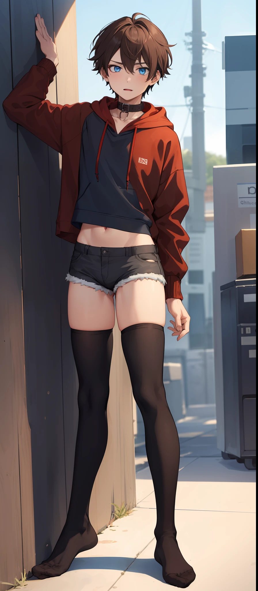 1boy, androgynous, blue eyes, brown hair, collar, red hoodie, gray booty shorts, black thigh highs, masterpiece, HD, vibrant, full body view