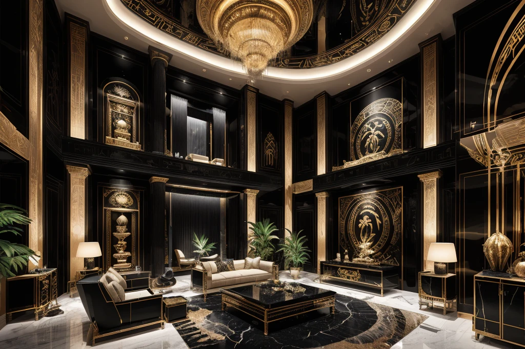 incredible black luxurious futuristic living room interior in Ancient Egyptian style with many ((lush plants)) (lotus flowers), ((palm trees)), rocky walls, (sand), ((waterfalls)) (marble), ((precious minerals)), ((metals)), (gemstones), crystals, clouds and ((water)), ((highly decorated and ornate luxury furniture made out of gemstones)), crocodiles, (hieroglyphics), (((ultra luxury))), (black marble) – with ((beautiful lights)), Unreal Engine, HQ, 16k