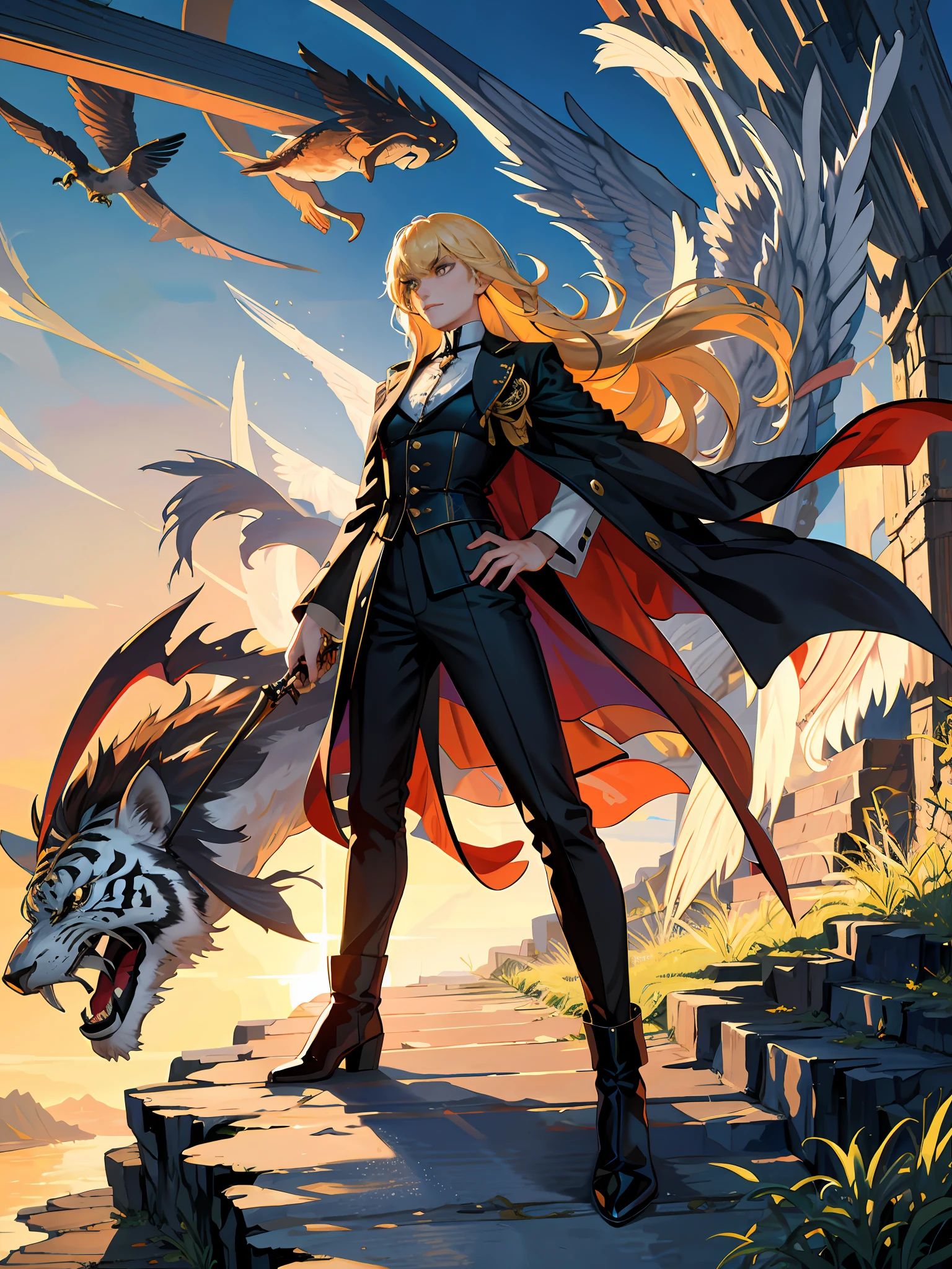 (highest resolution, distinct_image) superb, masterpiece, high detail, semi-realistic, Dishonored 2, a very beautiful woman, solo, normal handsome stance, long blond hair, golden eyes, indifferent expression, 18 years old, young, tall Strong, golden coat, black military uniform, trousers, military pants, military boots, military uniform, military school, confident, serious, cold and proud, standing on a cliff, with a flying western dragon behind, and a big tiger beside him, overlooking, strong light effect , fantasy