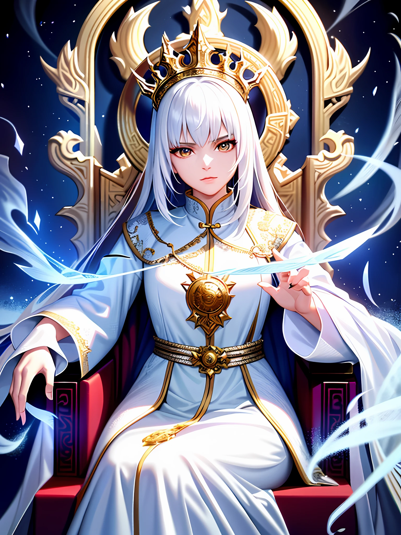 Young female king, deep focus, realistic, fantasy, intricate, white hair, ice mage, wearing white chinese dragon robe, sitting on throne, royal throne, awesome, highly detailed, digital painting, artstation, splash art, Matte, sharp focus, illustration, semi-realistic