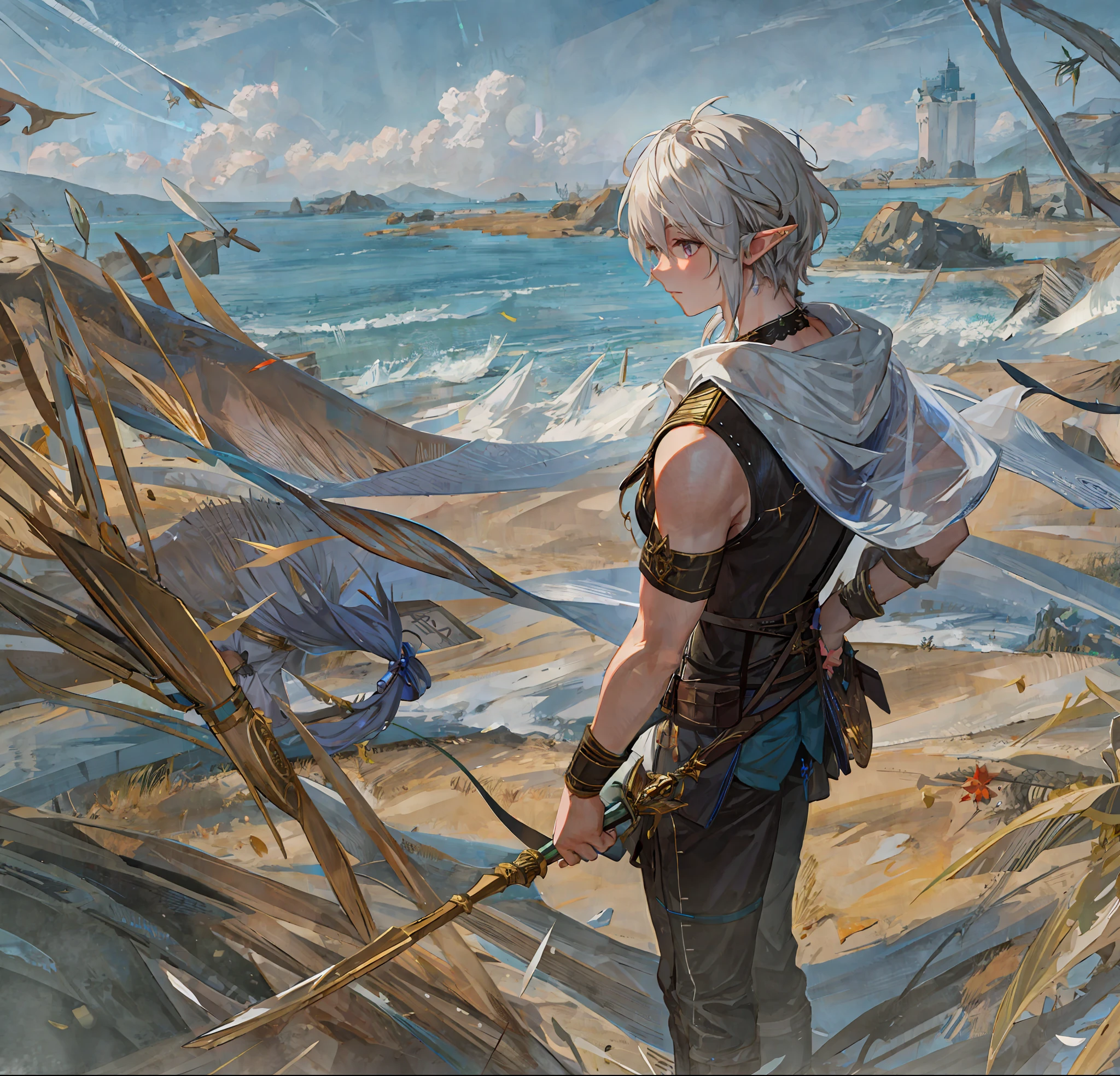 Exquisite, high-quality, and ultra-detailed CG illustrations, a male and female elf magician with a calm expression, long silver-white hair fluttering gently in the desert breeze, wearing a white robe, holding a wooden staff,