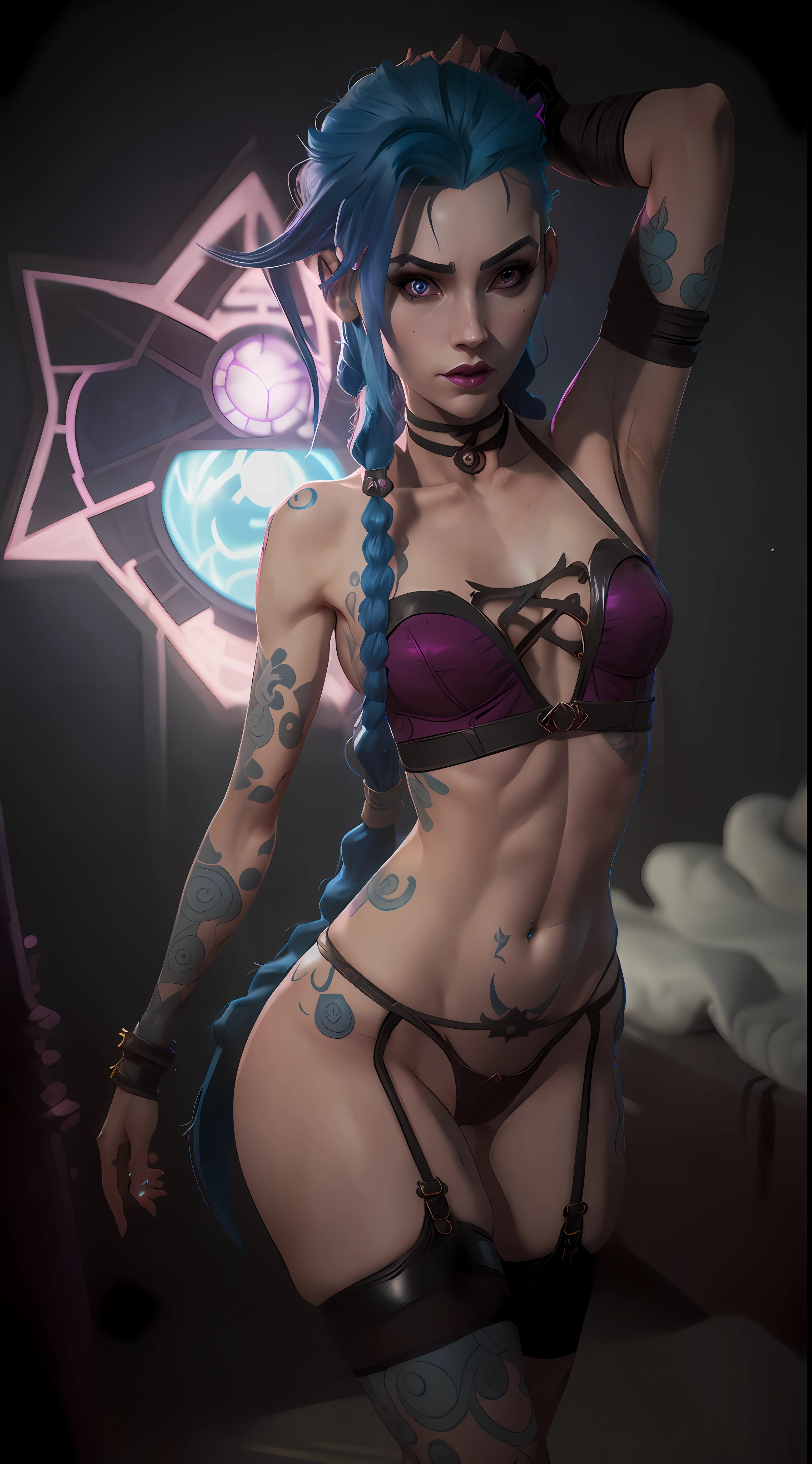 Arcane Style ,fine details,cinematic,erotic photo,1girl,hyper sexy,JinxLol character,long blue hair,braids,pink eyes,blue cloud tattoo on arm,league of legends,(Jinx in short lingerie),small boobs,sexy , sharp photo, clear light.