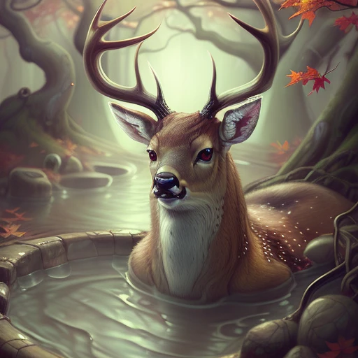 (illustration beautiful by apterus:1.2), terrifying deer, traditional japanese forest with ((hot springs)), falling leaves, autumn, detailed background, at night, glowing eyes, creepy scenery, apterus creepy anatomy:0.9