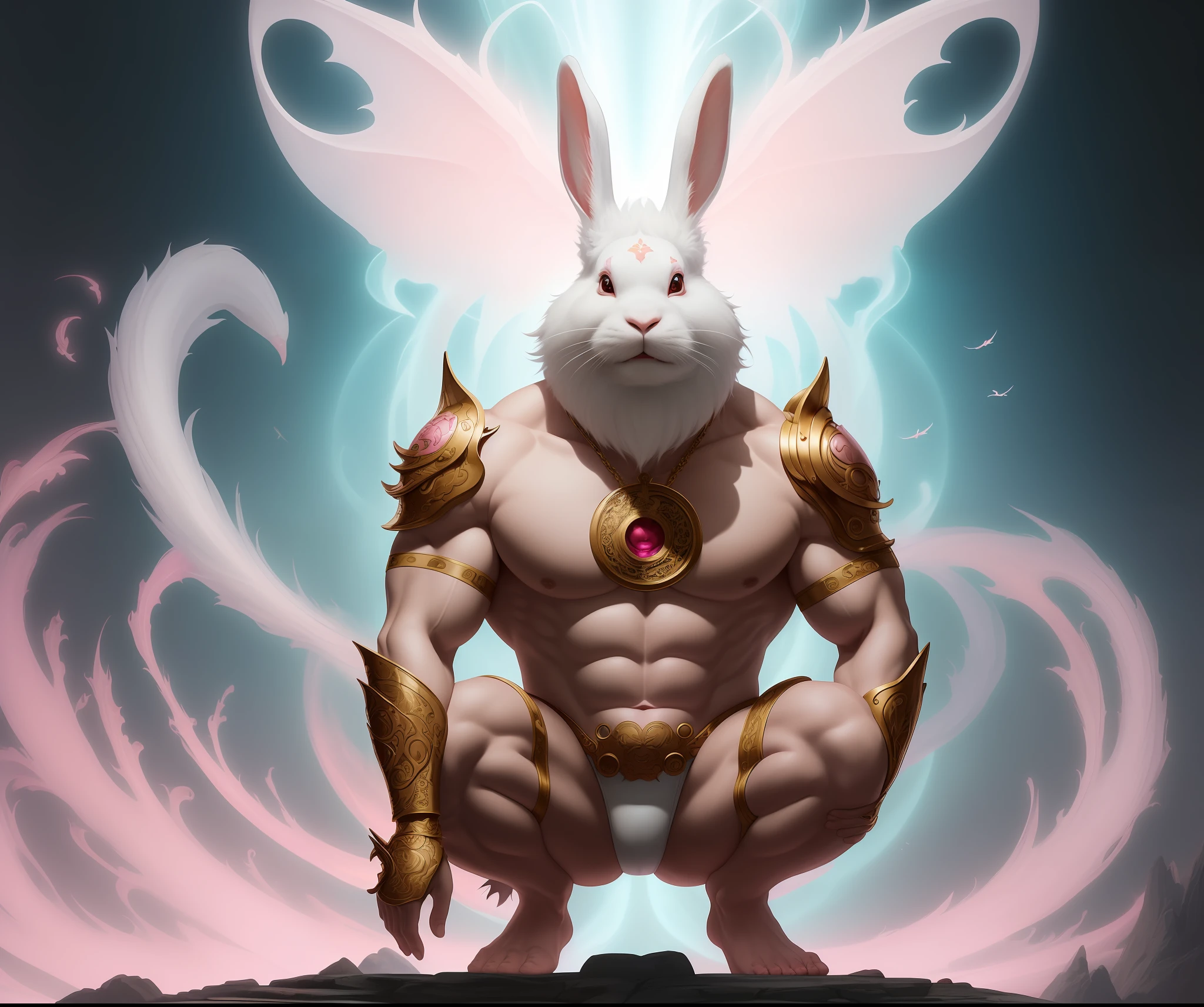 white, koi, anthropomorphic rabbit god in pink dragon armor, semi nude, wearing a pink thong, ethereal, art nouveau, vibrant colors, octane, by jesper ejsing, james jean, justin gerard, tomasz alen kopera, cgsociety and fenghua zhong ,highly detailed,edge lighting,artwork,cinematic lighting,highly coherent,hyperrealism,high detail,8k,male,man,masculine,rabbit face,hairy body with white fur,squatting,arms behind head.