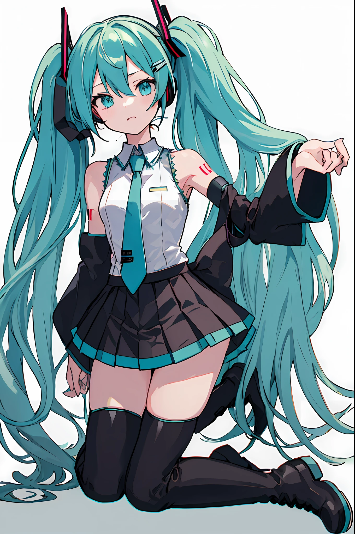 masterpiece, intricate detail,best quality, chromatic aberration, 1girl, solo, skirt, hatsune miku, long hair, thighhighs, twintails, detached sleeves, necktie, thigh boots, shirt, boots, black skirt, kneeling, sleeveless, headset, aqua eyes, pleated skirt, aqua hair, full body, sleeveless shirt, simple background, zettai ryouiki, very long hair, white background, tattoo, black footwear, black thighhighs, hair ornament