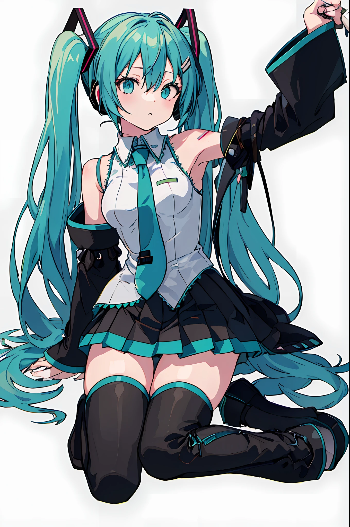 masterpiece, intricate detail,best quality, chromatic aberration, 1girl, solo, skirt, hatsune miku, long hair, thighhighs, twintails, detached sleeves, necktie, thigh boots, shirt, boots, black skirt, kneeling, sleeveless, headset, aqua eyes, pleated skirt, aqua hair, full body, sleeveless shirt, simple background, zettai ryouiki, very long hair, white background, tattoo, black footwear, black thighhighs, hair ornament