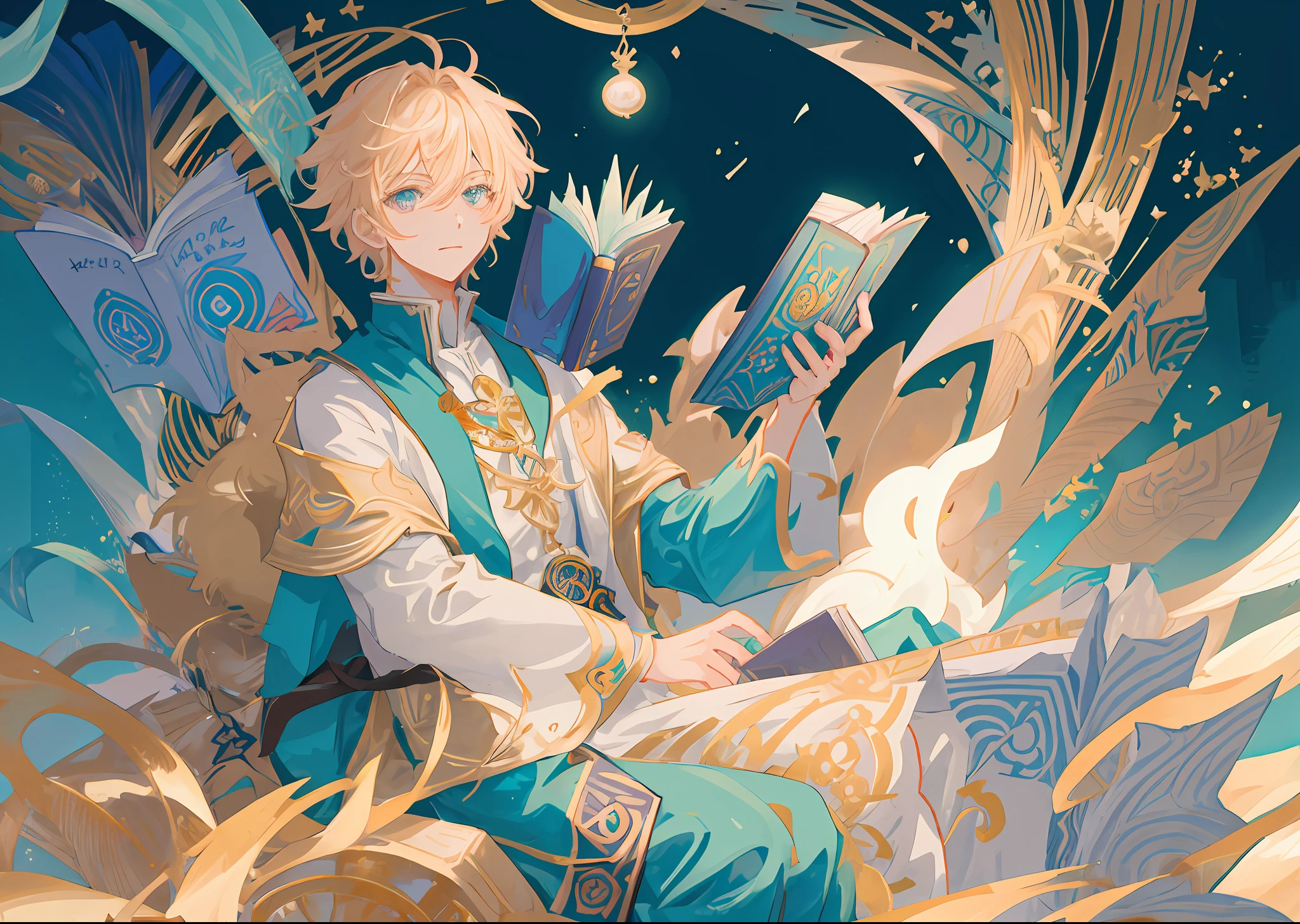 (masterpiece, best quality:1.2),anime boy, magician,casting magic, floating magic book, surrounded by magic circles,art by makoto shikai, powerful aura,genshin impact,official character designs