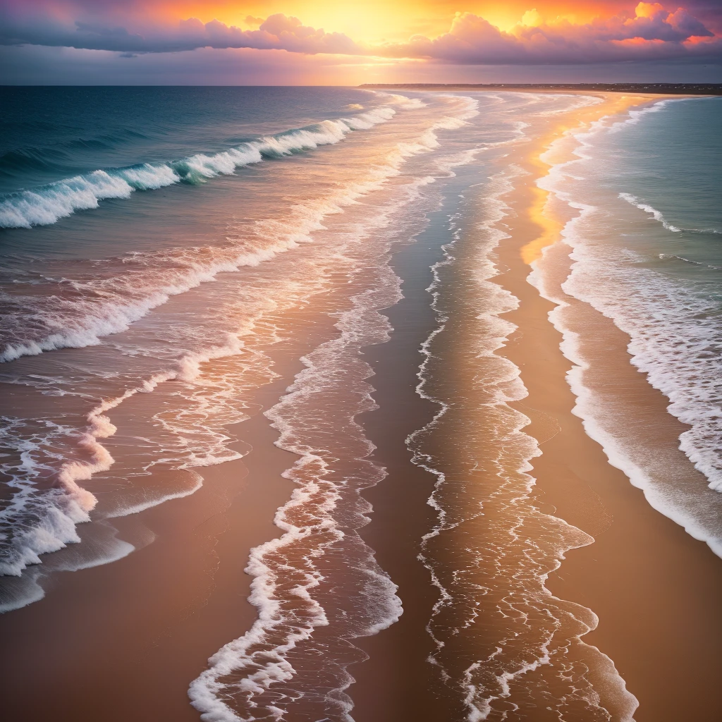 A stunning photograph of beach and rainbow,golden hour lighting,cloudy,happy,Photography, Photo Realistic, by Carr Clifton, by Greg Rutkowsky, Erik Johansson, Phil Koch, Joel Sternfeld, Kevin McNeal, Richard Mosse, highly detailed,8K, HDR, DSLR Camera, Fuji Film, National Geographic, Epic Composition