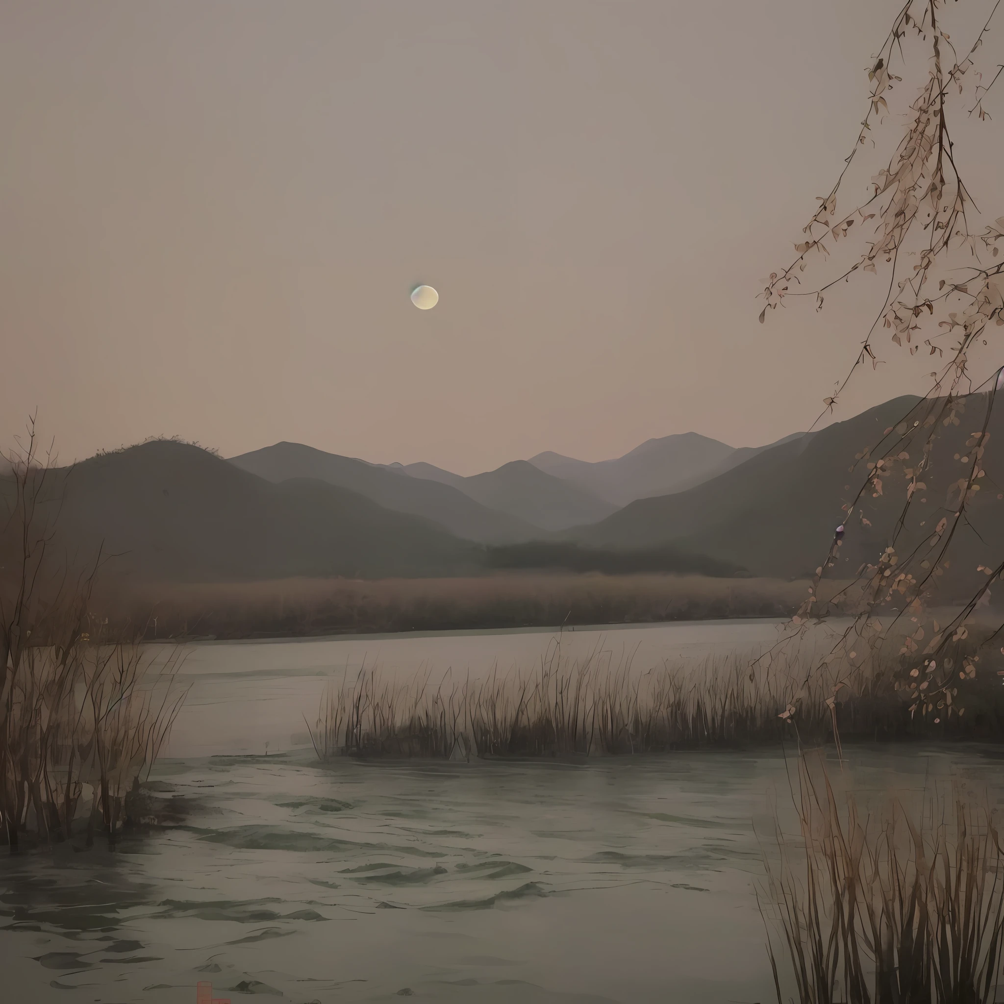At night, I went to see off the guests at the head of the Xunyang River. The maple trees and reeds were blown by the autumn wind and made rustling sounds. My guests and I dismounted to bid farewell to the banquet on the boat, and raised our glasses to drink, but there was no music to cheer us up. The wine is not happy and more sad, and we are about to part. When parting, a cold moon is soaked in the vast river. traditional Chinese painting