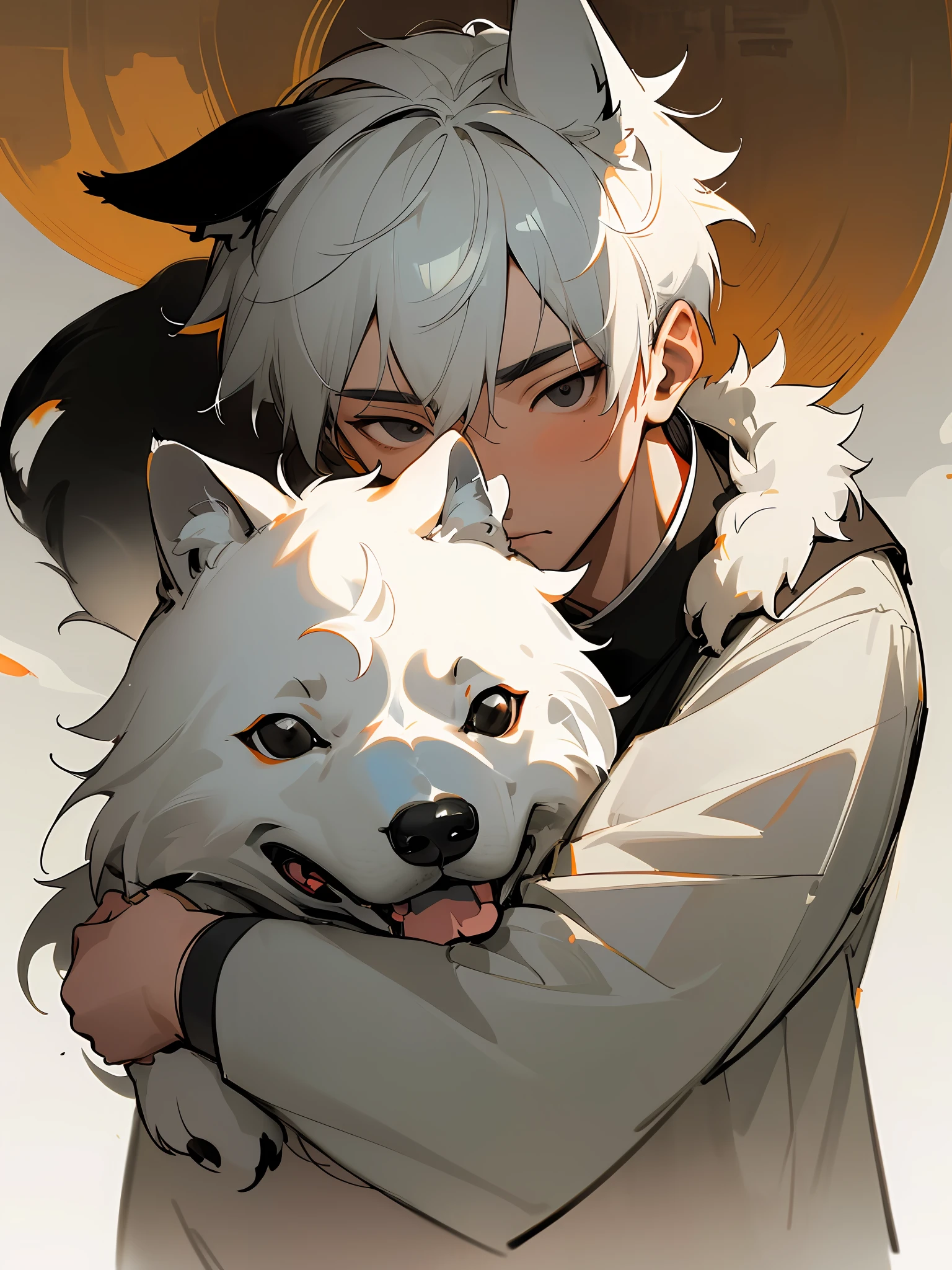 Masterpiece, best quality, (Chinese ink painting), (illustration), (1 man), ((cute boyish behind a dog)), (a dog),Chinese style, (ancient chinese male), (russ mills style), (white short hair), (white messy hair), (white skin), (black eye), (dog ear), cute, (fur white clothing), tang dynasty, dark grey, hiroshi yoshida, (close-up), (grand background), (chiaroscuro),fine facial details, facial details,cinematic lighting, (depth of field),UHD, (upper body)