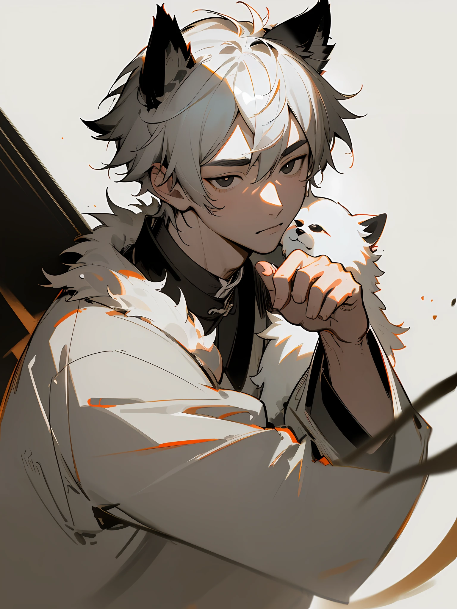 Masterpiece, best quality, (Chinese ink painting), (illustration), (1 man), ((cute boyish behind a dog)), (a dog),Chinese style, (ancient chinese male), (russ mills style), (white short hair), (white messy hair), (white skin), (black eye), (dog ear), cute, (fur white clothing), tang dynasty, dark grey, hiroshi yoshida, (close-up), (grand background), (chiaroscuro),fine facial details, facial details,cinematic lighting, (depth of field),UHD, (upper body)