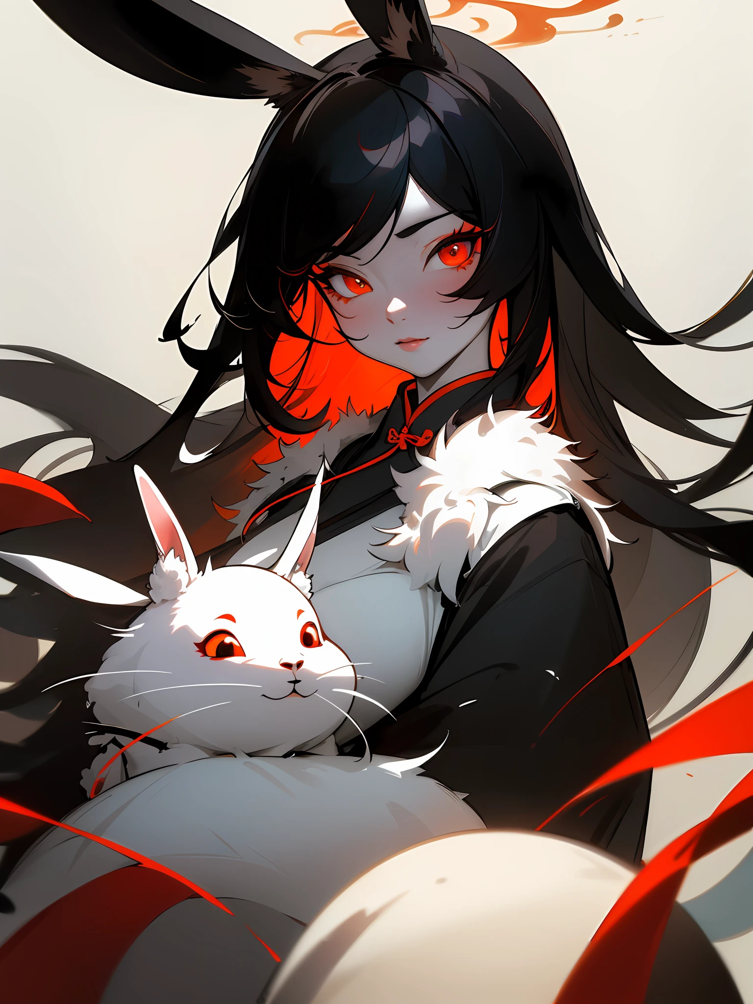 Masterpiece, best quality, (Chinese ink painting), (illustration), (1 famale), cute famale, Chinese style, (ancient chinese female), (russ mills style), black hair, (long long hair), (messy hair), (white skin), curvy body, (red eye), cute, rabbit ears, (white fur dress), ((white rabbit)), tang dynasty, dark grey, hiroshi yoshida, close-up, (grand background), (chiaroscuro),fine facial details, facial details,cinematic lighting, (depth of field),UHD, (upper body)