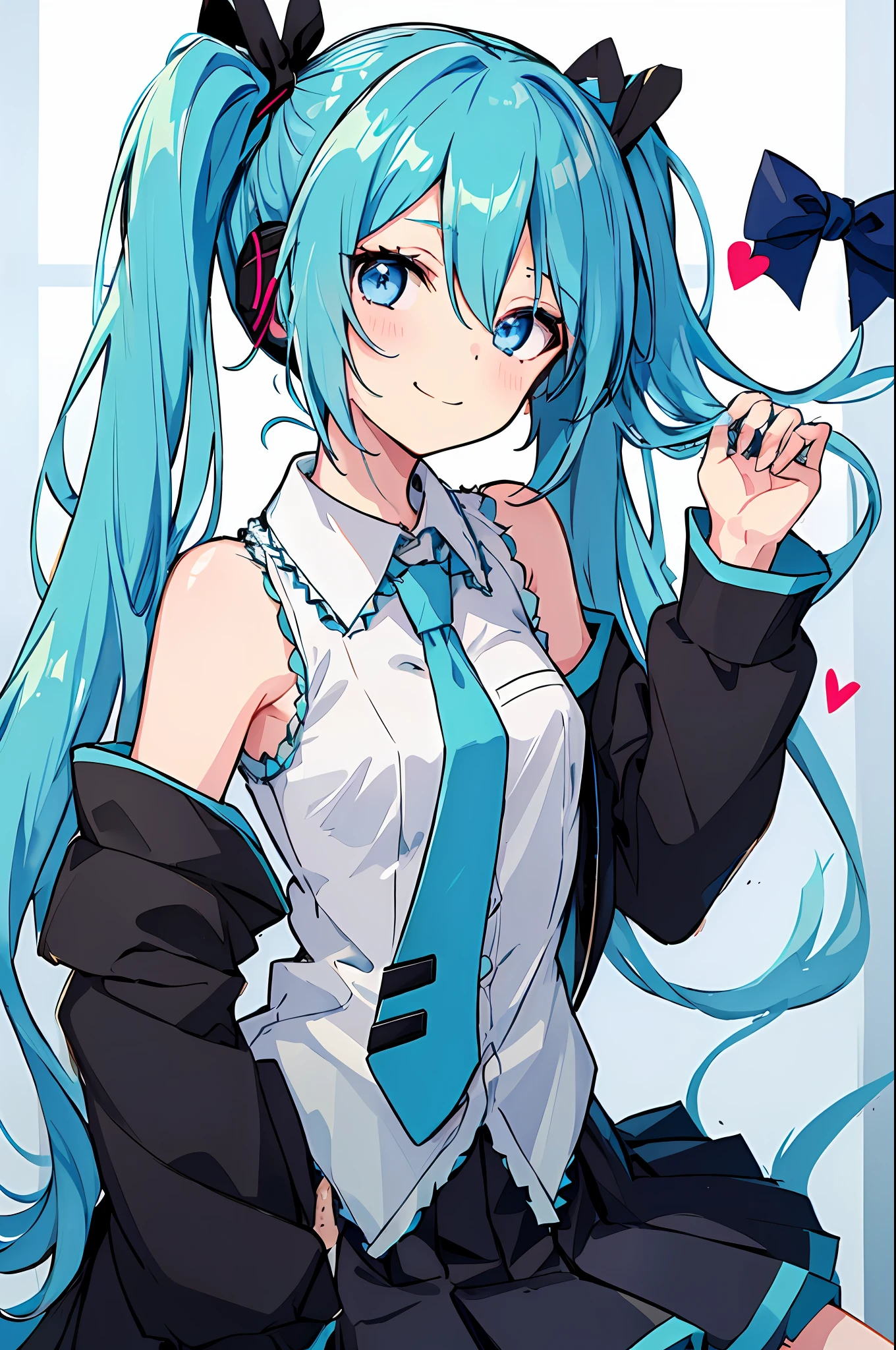 1girl, updo, skirt, bow, shirt, necktie, hatsune miku, detached sleeves, hair bow, black skirt, smile, pleated skirt, blue bow, collared shirt, ear bow, looking at viewer, black sleeves, cowboy shot, sleeveless shirt, hatsune miku (cosplay), cosplay, bangs, sleeveless, >_<, headphones, blue eyes, heart, closed mouth, hands up, white shirt, blue hair, aqua necktie, bare shoulders, long sleeves, aqua hair