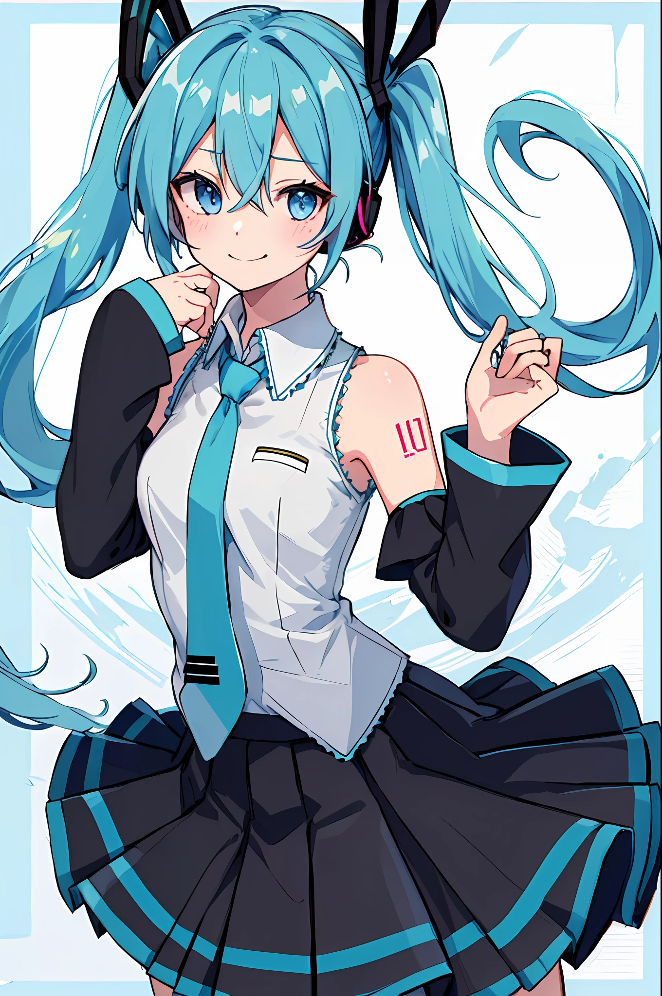 1girl, updo, skirt, bow, shirt, necktie, hatsune miku, detached sleeves, hair bow, black skirt, smile, pleated skirt, blue bow, collared shirt, ear bow, looking at viewer, black sleeves, cowboy shot, sleeveless shirt, hatsune miku (cosplay), cosplay, bangs, sleeveless, >_<, headphones, blue eyes, heart, closed mouth, hands up, white shirt, blue hair, aqua necktie, bare shoulders, long sleeves, aqua hair