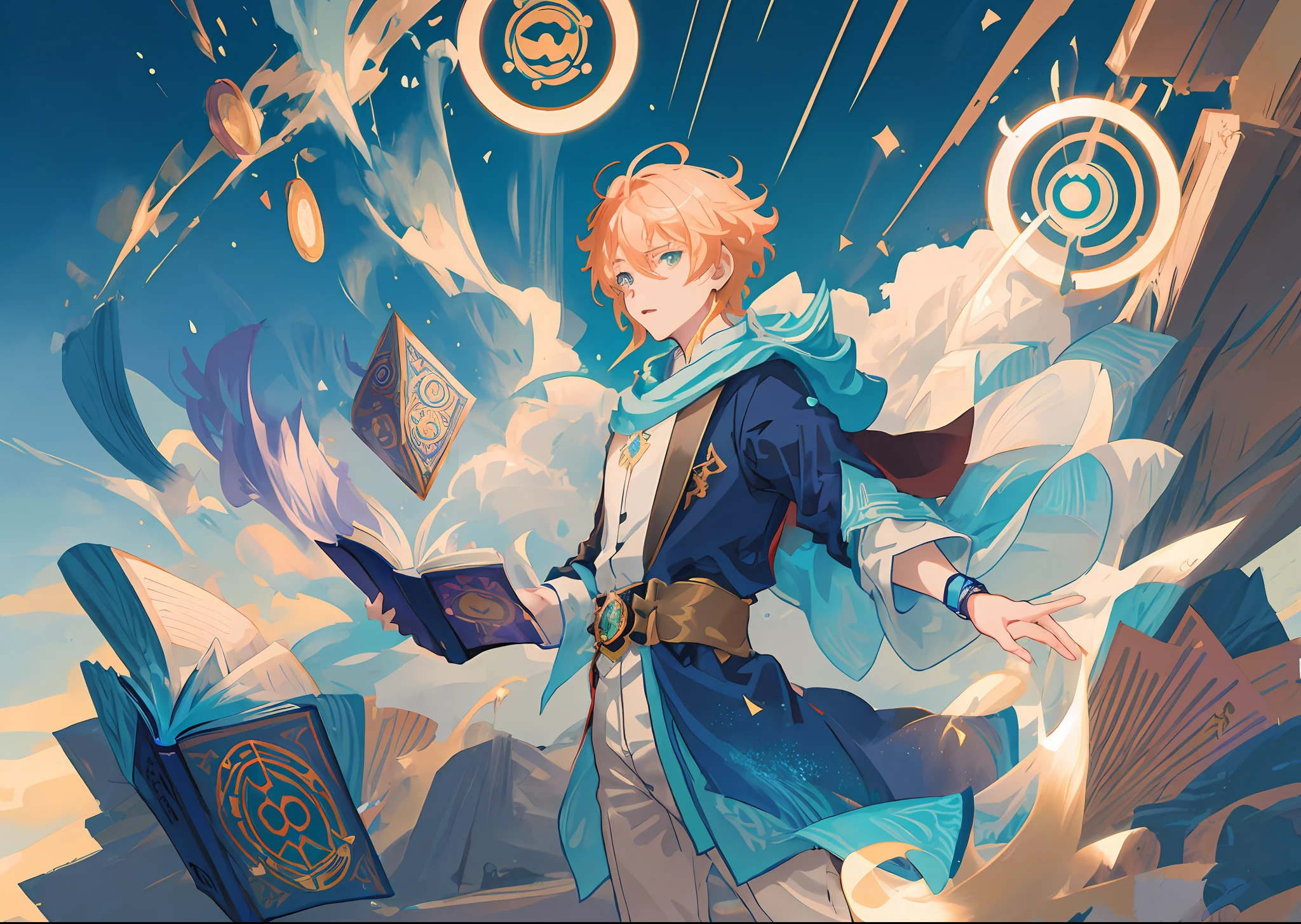 (masterpiece, best quality:1.2),anime boy, magician,casting magic, floating magic book, surrounded by magic circles,art by makoto shikai, powerful aura,genshin impact,official character designs