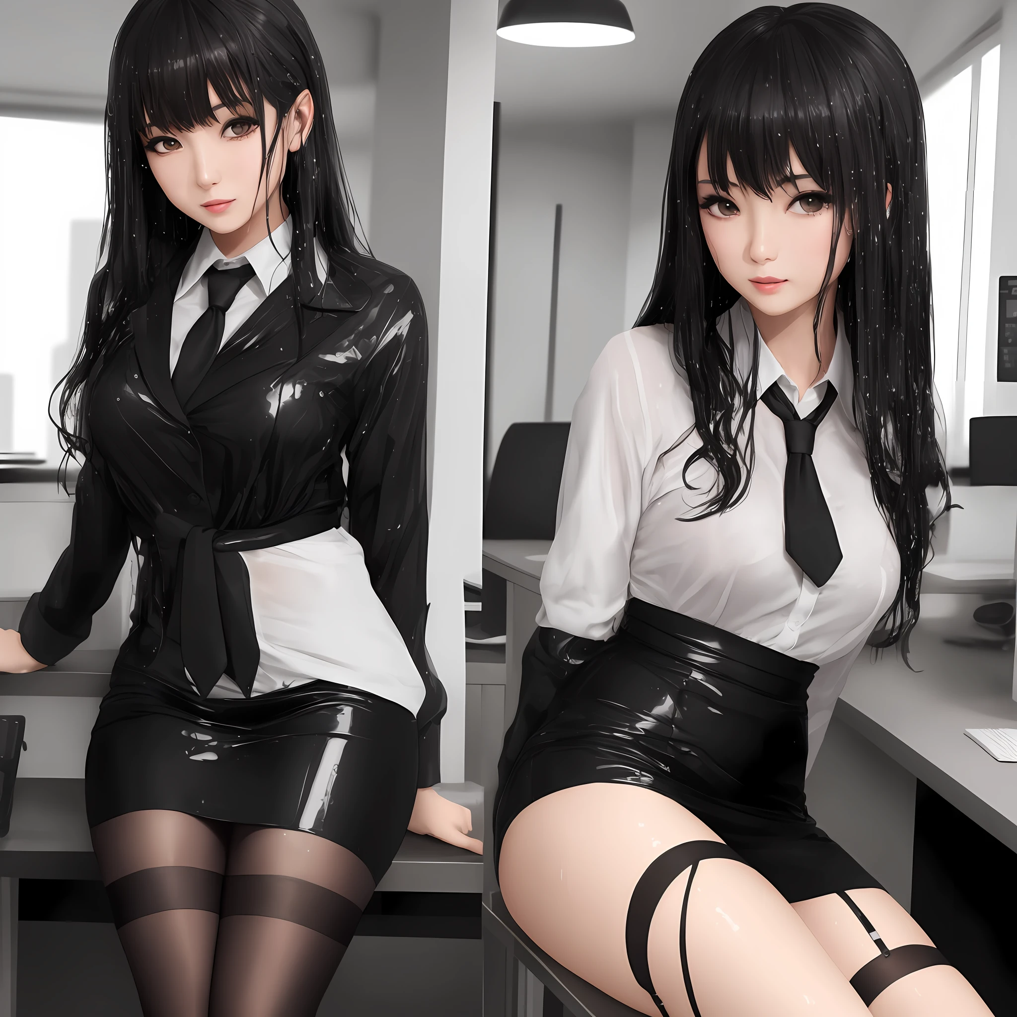 1 Girl, sensual, stockings , wet ,beautiful, sensual, skirt, sweat, beautiful face, eyeliner,  posing, minidress, bangs, cool looking, High detailed, office scene,