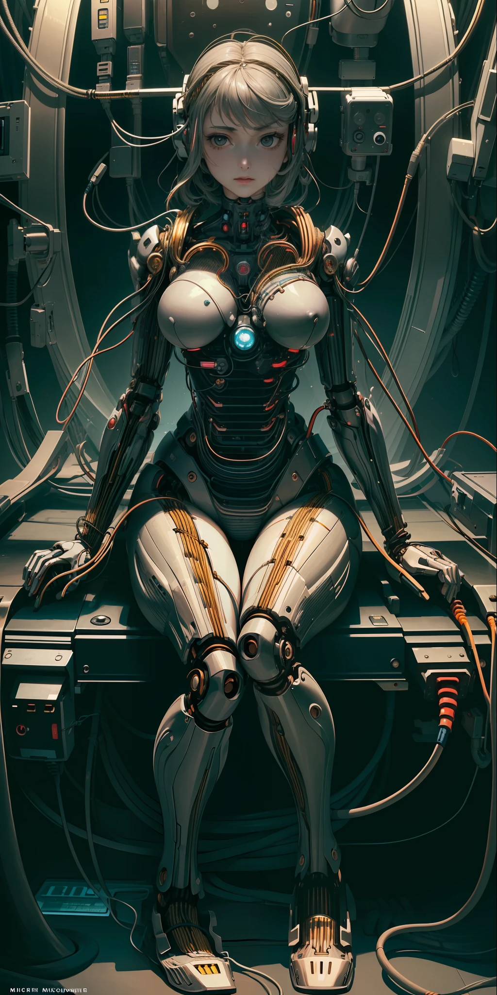 (((masterpiece))), ((((best quality)))), (((ultra-detailed))), (highly detailed CG illustration), ((an extremely delicate and beautiful)),(cute delicate face),cinematic light,((1mechanical girl)),solo,full body,(machine made joints:1.4),((machanical limbs)),(blood vessels connected to tubes),((mechanical vertebra attaching to back)),((mechanical cervial attaching to neck)),((sitting)),expressionless,(wires and cables attaching to head and body:1.5),(character focus),science fiction