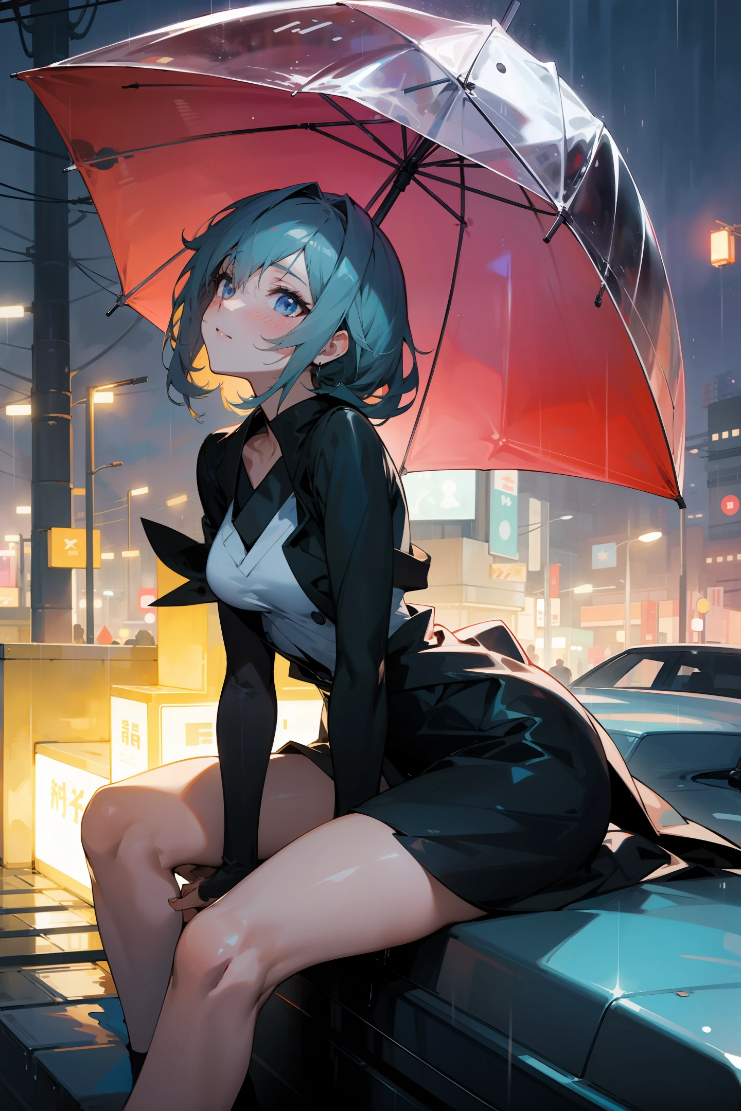 a perfect anime girl sitting on a car hood in night Tokyo rain