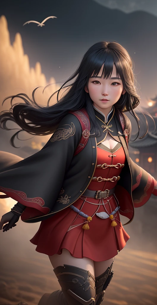 Under the black sky is the ancient town of Shaxi in Dali in black, the red paraglider show is gliding down in the sky, masterpiece, best quality, high quality, oil painting, award winning photography, bokeh, depth of field, HDR, bloom, chromatic aberration, photorealistic, very detailed, trending on artstation, trending on CGsociety, intricate, high detail, dramatic, midjourney art (volumetric lighting: 1.2)