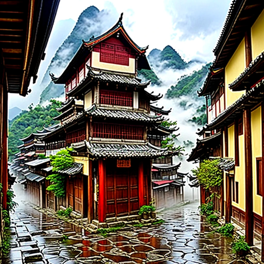 Yunnan Shuanglang Ancient Town pictures, ancient houses, stone roads, alleys are very deep, after the rain, misty rain, the distant mountains are very clear, there is a light fog, real shooting, artistic conception, super high definition --q 2 --v 5 --ar 2:3