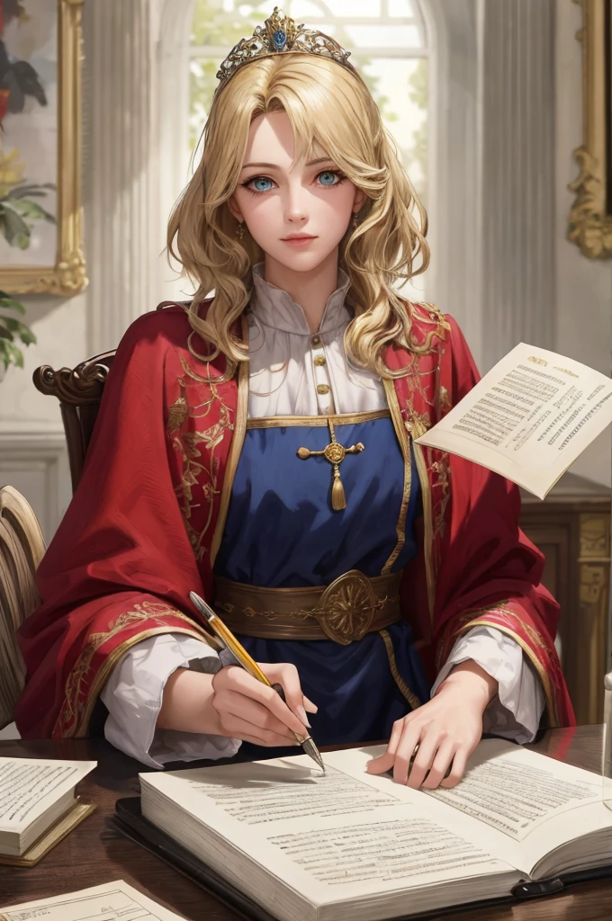 (Masterpiece: 1.2, Best Quality), Realistic, (Realistic Picture, Complex Details, Depth of Field), Best Quality, Masterpiece, Highly Detailed, Semi Realistic, 1 Girl, Mature, 21 Years Old, Blonde, Shoulder Length Short Hair, Long Mao left eye, blue eyes, royal clothes, red cloak, slim figure, gold crown, reading document, marking document, quill pen, desk, soft stool, palace, palace, palace medieval