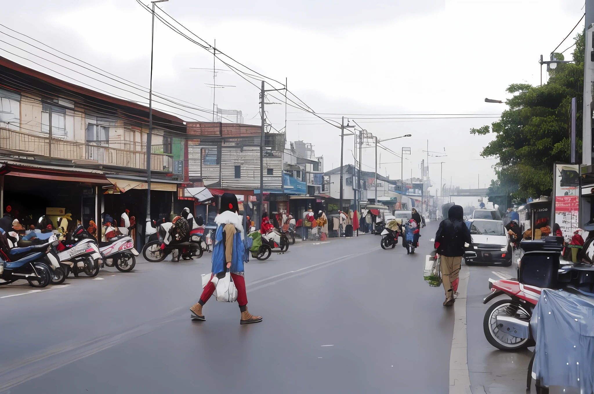 people walking down a street with parked motorcycles and motorcycles, busy street, busy small town street, wet market street, lots of shops, busy streets, people walking around, surrounding the city, busy market, people in the streets, street market, many npcs on the streets, people on the streets, market setting, lunar busy street, street vendors