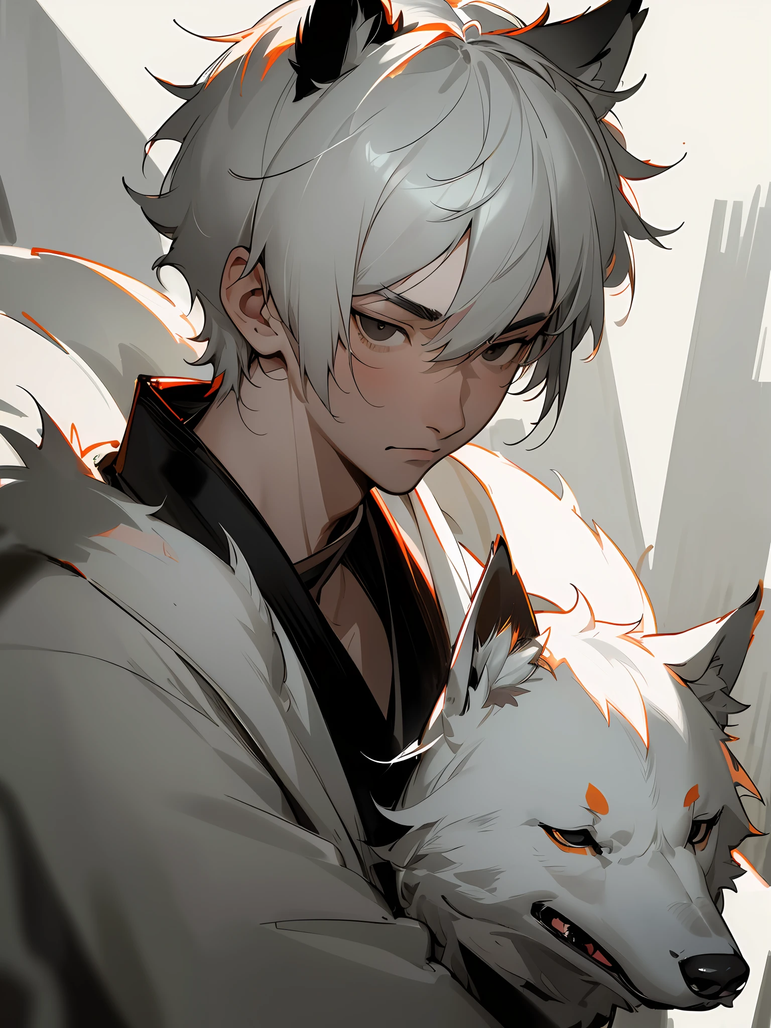Masterpiece, best quality, (Chinese ink painting), (illustration), (1 man), ((cute boyish behind a dog)), (a dog),Chinese style, (ancient chinese male), (russ mills style), (white short hair), (white messy hair), (white skin), (black eye), (dog ear), cute, (fur white clothing), tang dynasty, dark grey, hiroshi yoshida, (close-up), (grand background), (chiaroscuro),fine facial details, facial details,cinematic lighting, (depth of field),UHD, (upper body)