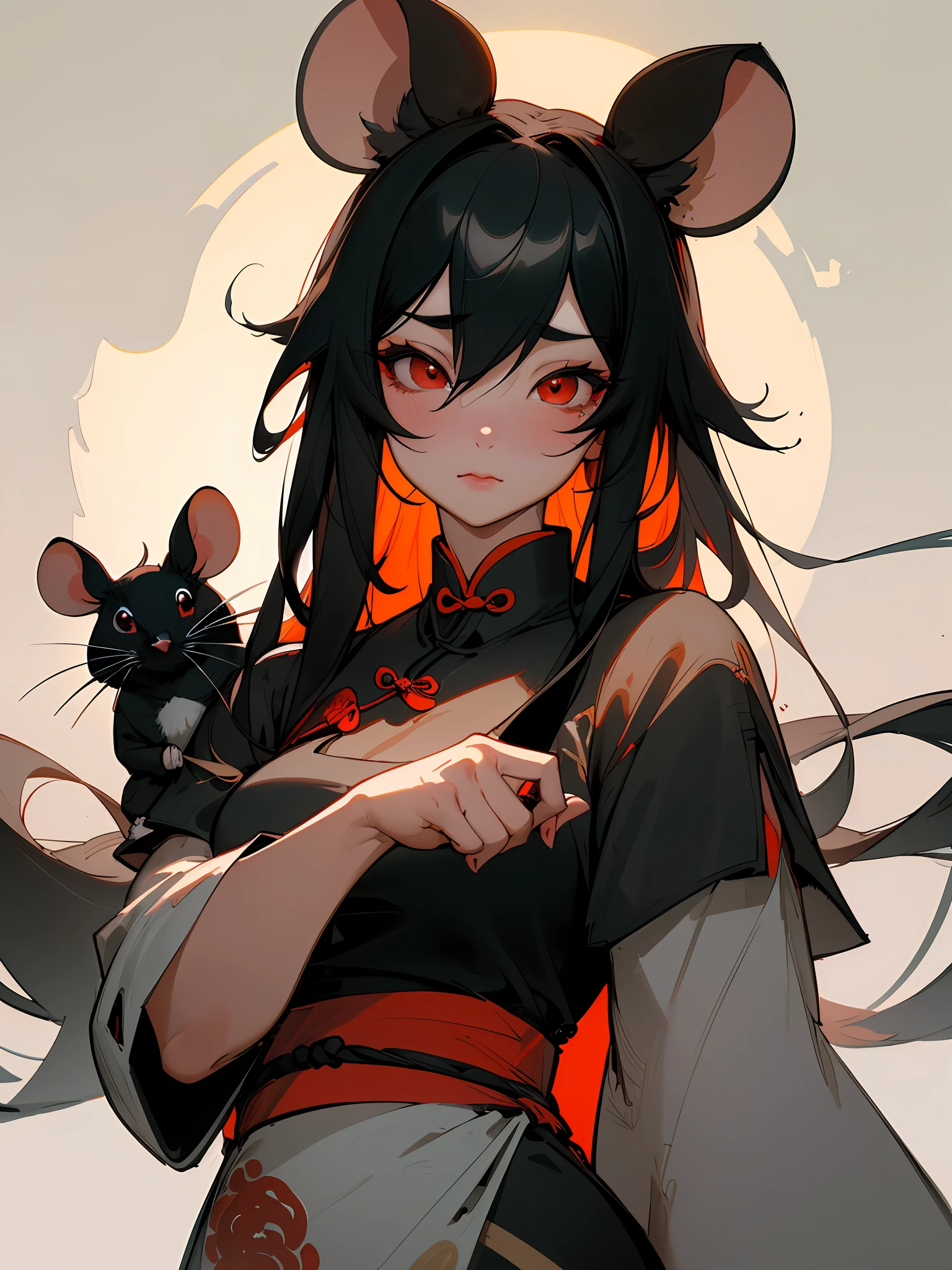 Masterpiece, best quality, (Chinese ink painting), (illustration), (1 famale), cute girl,((behind a mouse)), (a mouse), Chinese style, (ancient china), (russ mills style), black hair, (long hair), (dango curls hair), (white skin), (red eye), cute, curvy body, a rice bag, (fur tattered dress), dark grey, hiroshi yoshida, (close-up), (grand background), (chiaroscuro),fine facial details, facial details,cinematic lighting, (depth of field),UHD, (upper body)