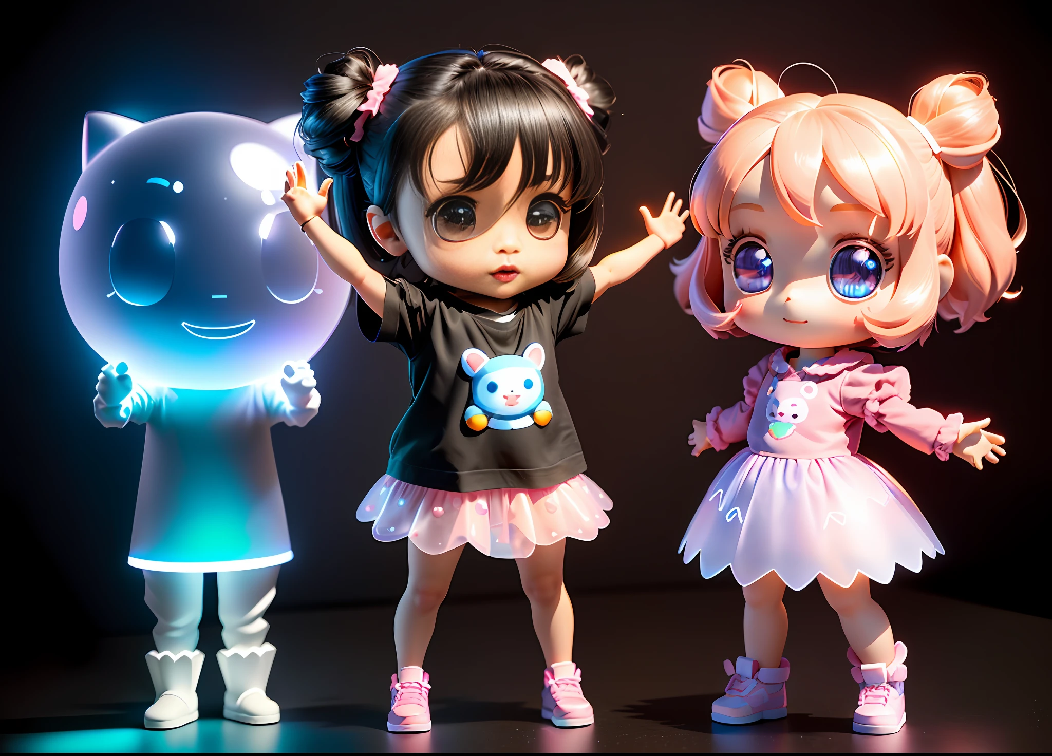 The full body 3d artwork of super cute girl, 1 girl, good-looking eyes, big eyes , cute, happy, c4d,pop Matt Blind Box, , glowing bubbles, toys,solid color background, chibi, fluorescent translucent, glowing body,kawaii, doll, T pose, reference sheet, pop mart blind box, Pixar,complex details, 3d render, blender, OC renderer, foll body reference sheet, dribble, high details, 8k, studio lighting,loli, petite, child, chibi, sd character:1.1