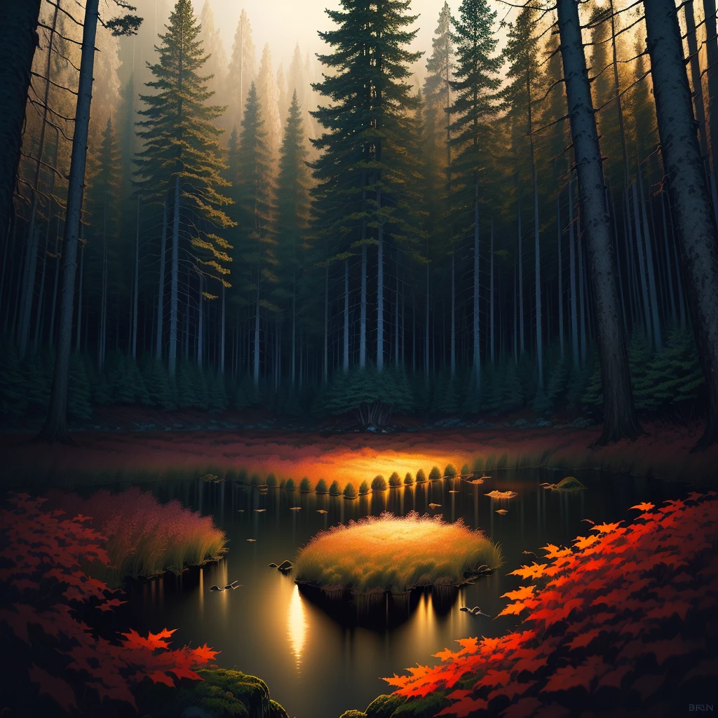 (masterpiece, maximum quality), stunning illustration in the style of &quot;Brian Frode&quot;, slow close-ups, saturated with dark colors, surrounded by endless nature, hidden in the depths of a dark forest.