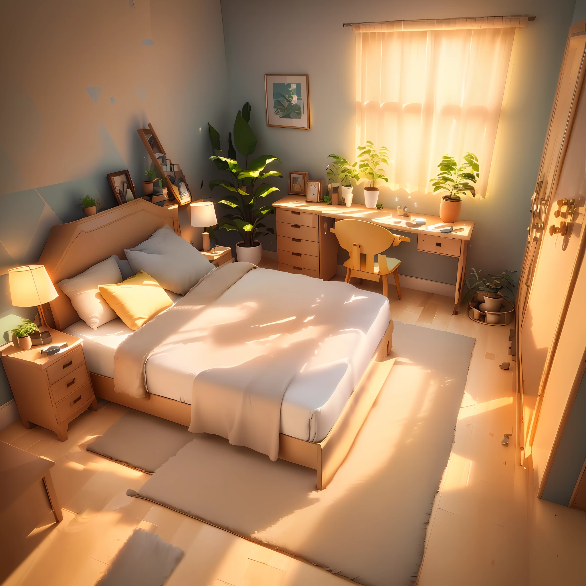 Isometric room, pure white background, best quality, ((low poly)), (very detailed CG unity 8k wallpaper), (best quality), (best illustration), (best shadows), ((bedroom )), Cream, Pastel, Light Curtains, Rugs, Wardrobe, Cotton Sheets, Wooden Furniture, Soft Lights, Plants, Paintings, Vases, Octane Rendering, Ray Tracing, Super Detailed