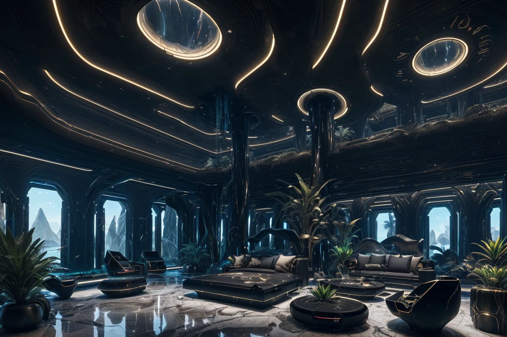 incredible black luxurious futuristic interior in Ancient Egyptian style with many ((lush plants)) (lotus flowers), ((palm trees)), rocky walls, (sand), ((waterfalls)) (marble), ((precious minerals)), ((metals)), (gemstones), crystals, clouds and ((water)), ((curvy futuristic furniture)), crocodiles, (hieroglyphics), (((ultra luxury))), (black marble) – with ((beautiful lights)), Unreal Engine, HQ, 16k