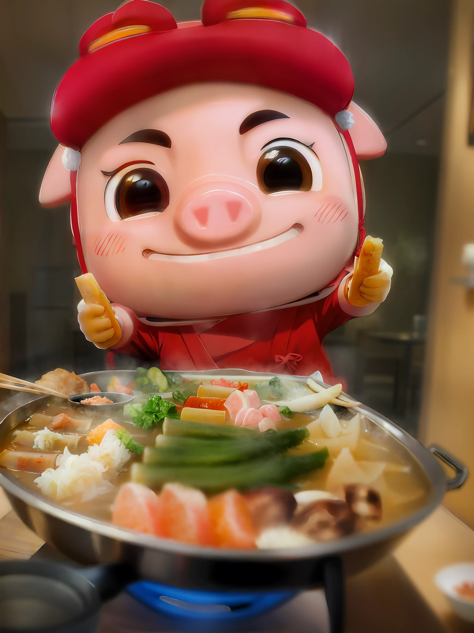 Cartoon style, (GG Bond) Pig's Nose, Japanese hot pot, indoor,