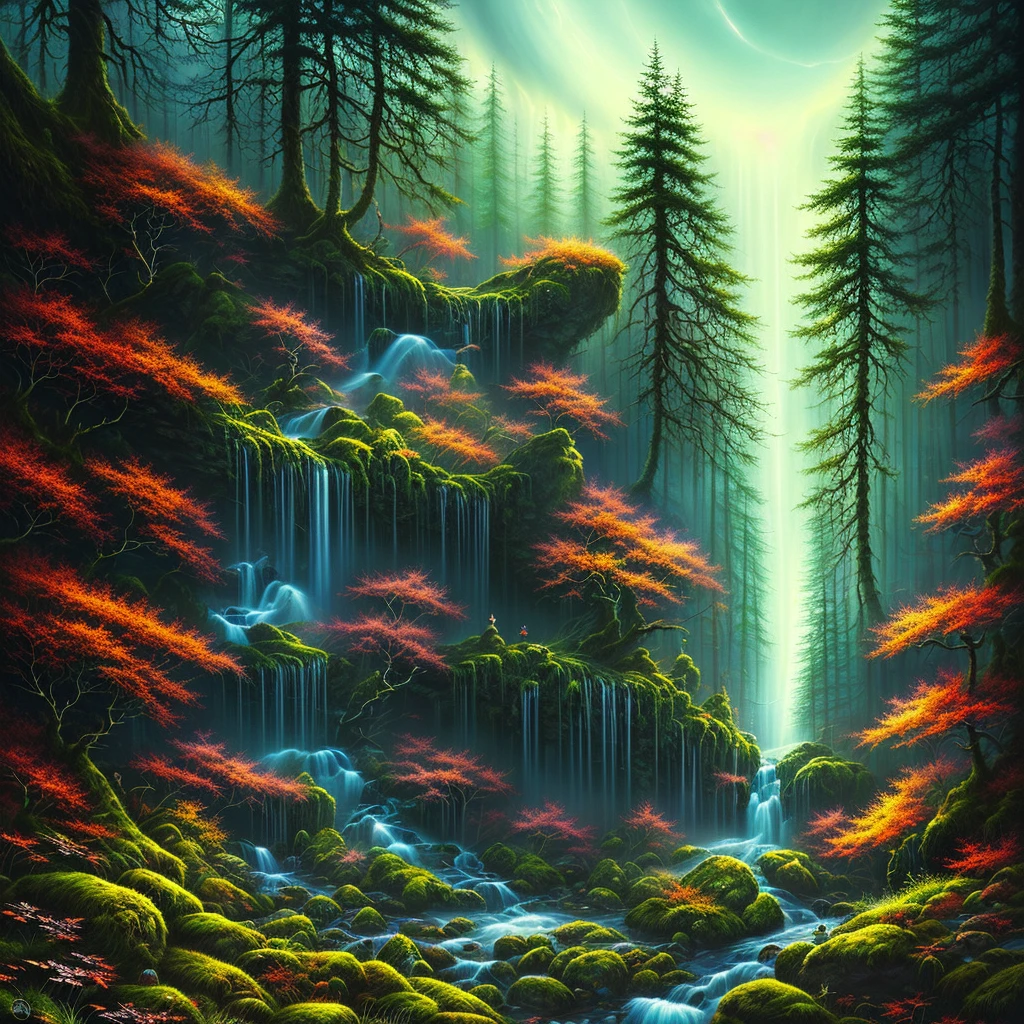 (masterpiece, maximum quality), stunning illustration in the style of "Brian Frode", slow close-ups, saturated with dark colors, surrounded by endless nature, hidden in the depths of a dark forest.