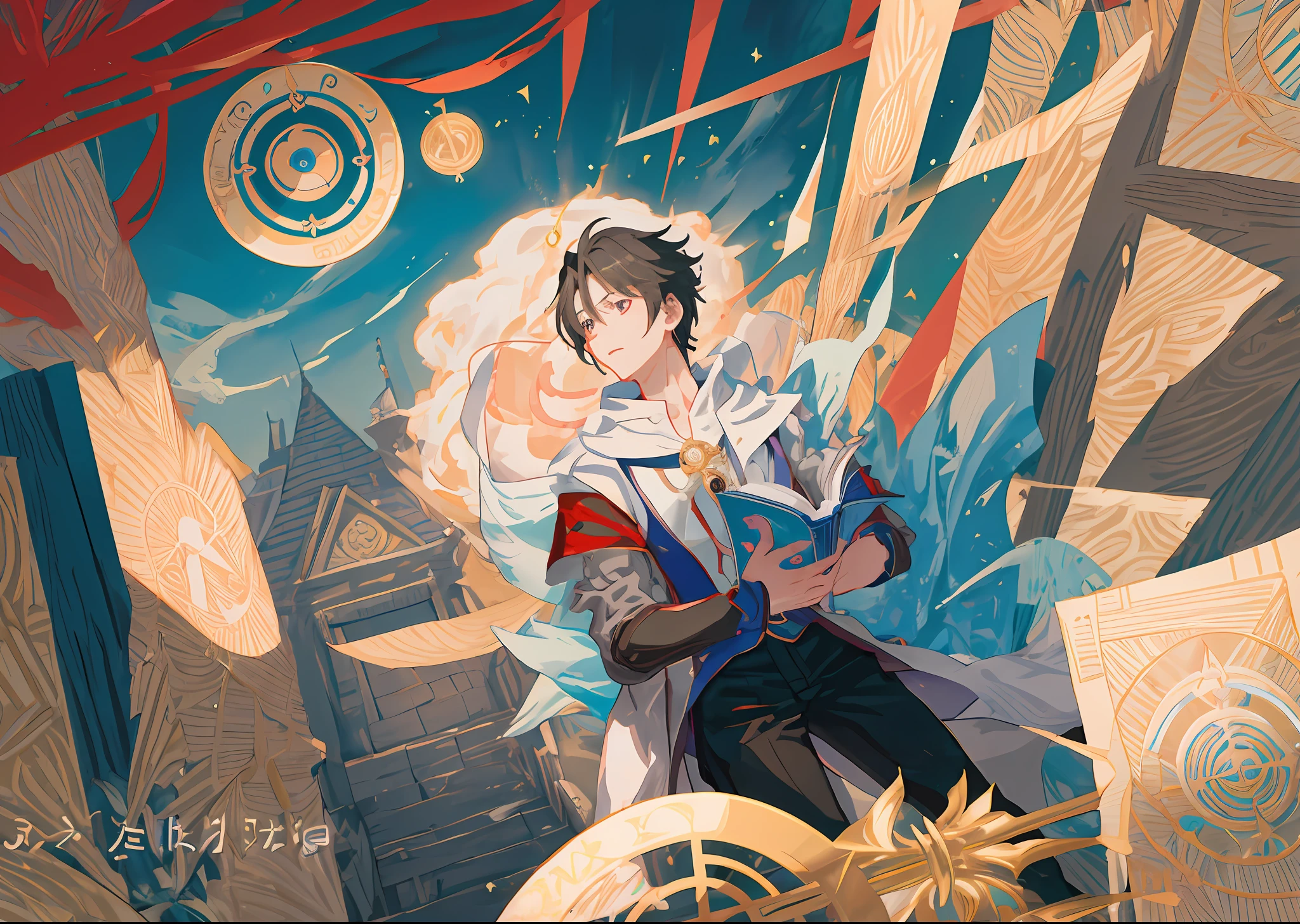 (masterpiece, best quality:1.2),anime boy, magician,casting magic, floating magic book, surrounded by magic circles,art by makoto shikai, powerful aura,genshin impact,official character designs, swords coming out of magic circles,king,1boy,solo, Gilgamesh,fate zero