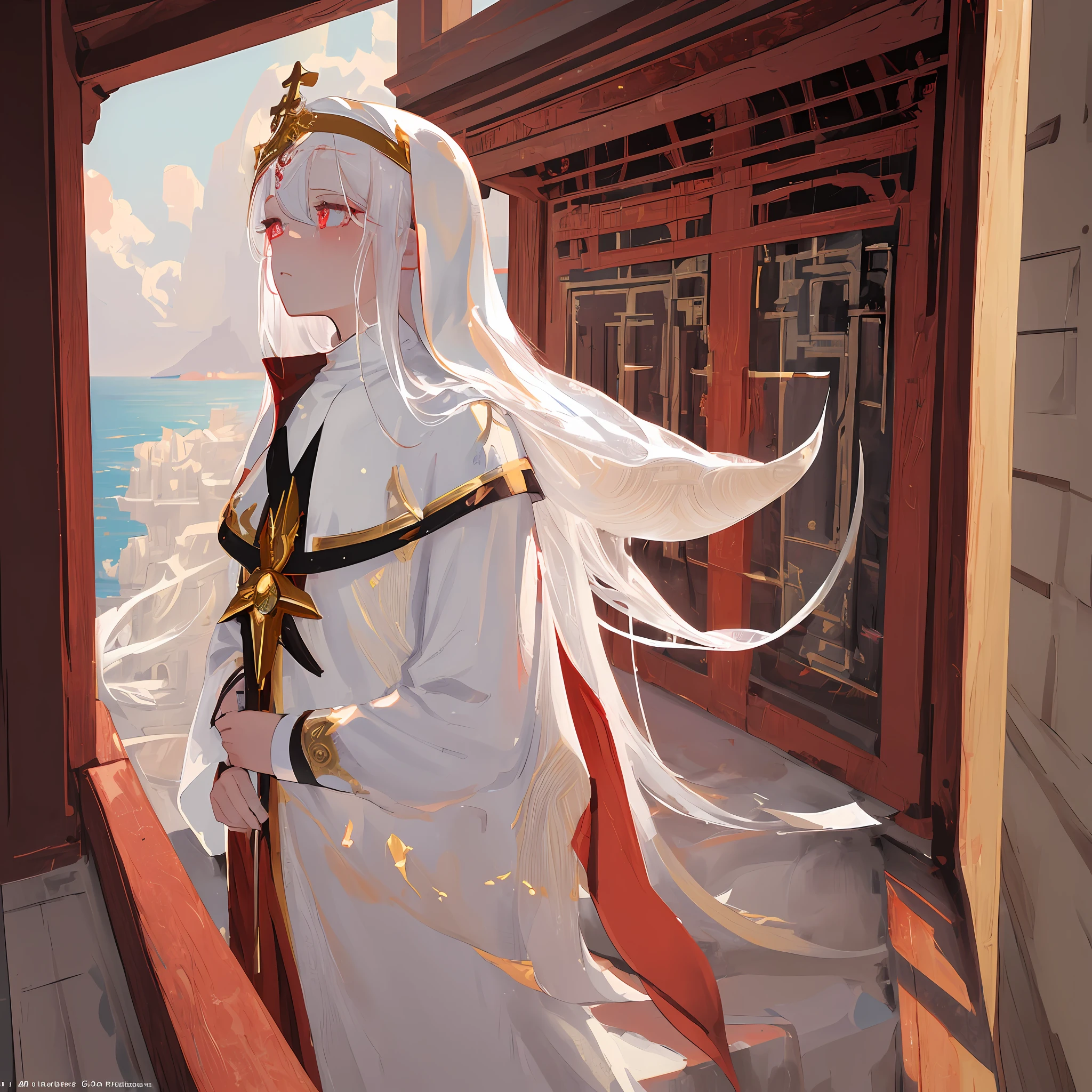 ((masterpiece)), ((best quality)), ((ultra-detailed)), illustration, a woman with white hair and golden pupils dressed as a priestess, nun, wearing a long red dress without any exposure, covered in white Cloak, facing the viewer, indifferent, mysterious, with a wide magical ocean in the background, fantasy