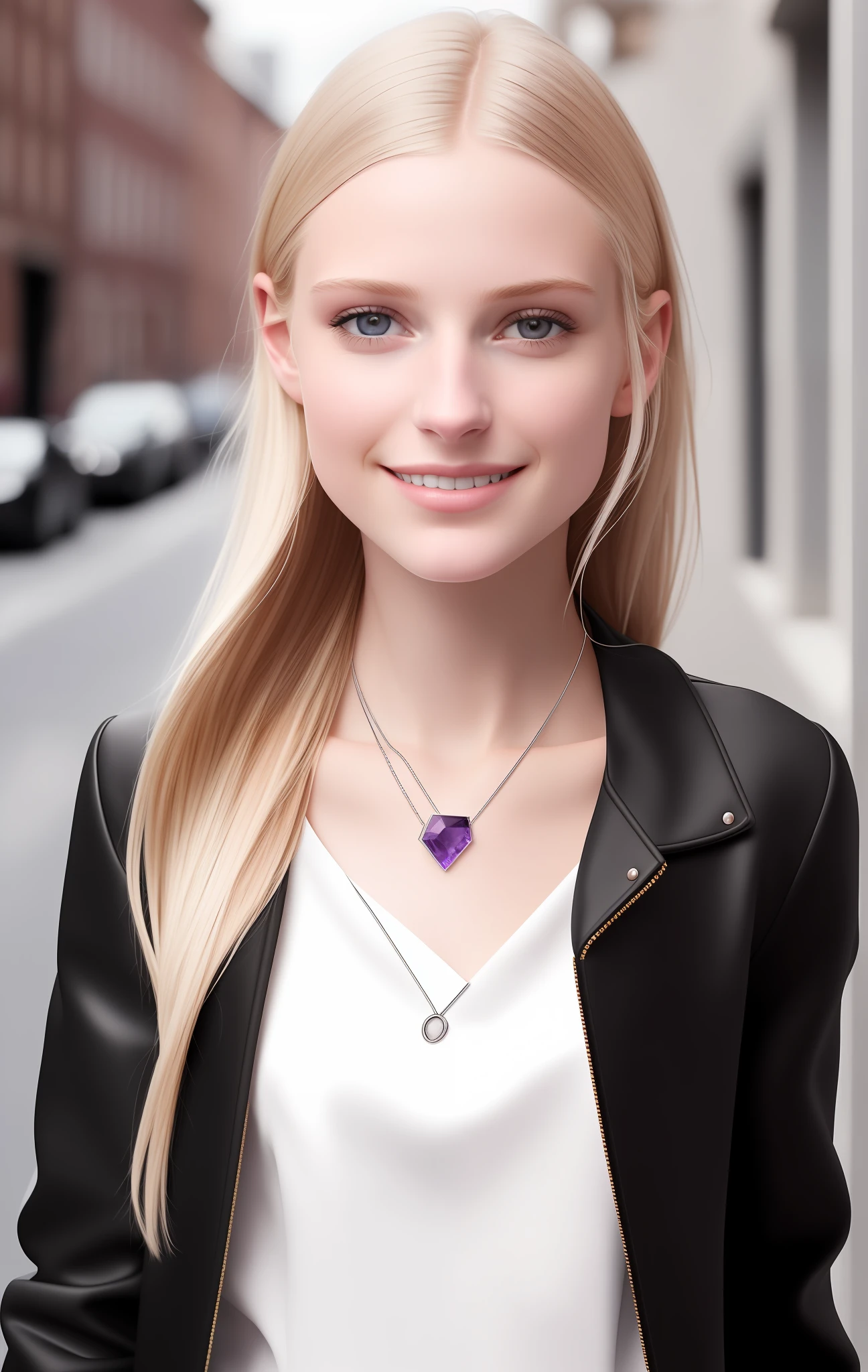 8k uhd, realistic, highest quality, high detail, solo, detailed skin, detailed face, young russian scandinavian dark blonde woman 20yo in strict black jacket and white blouse walk the street in spring. Looking aside. white eyes, (freckles:0.7), stunning, natural beauty, light makeup, open jacket, (small amethyst jewelry pendant), sunbeams, SuzannaAye, eyebrows, model, happy smile, thin lips, full height