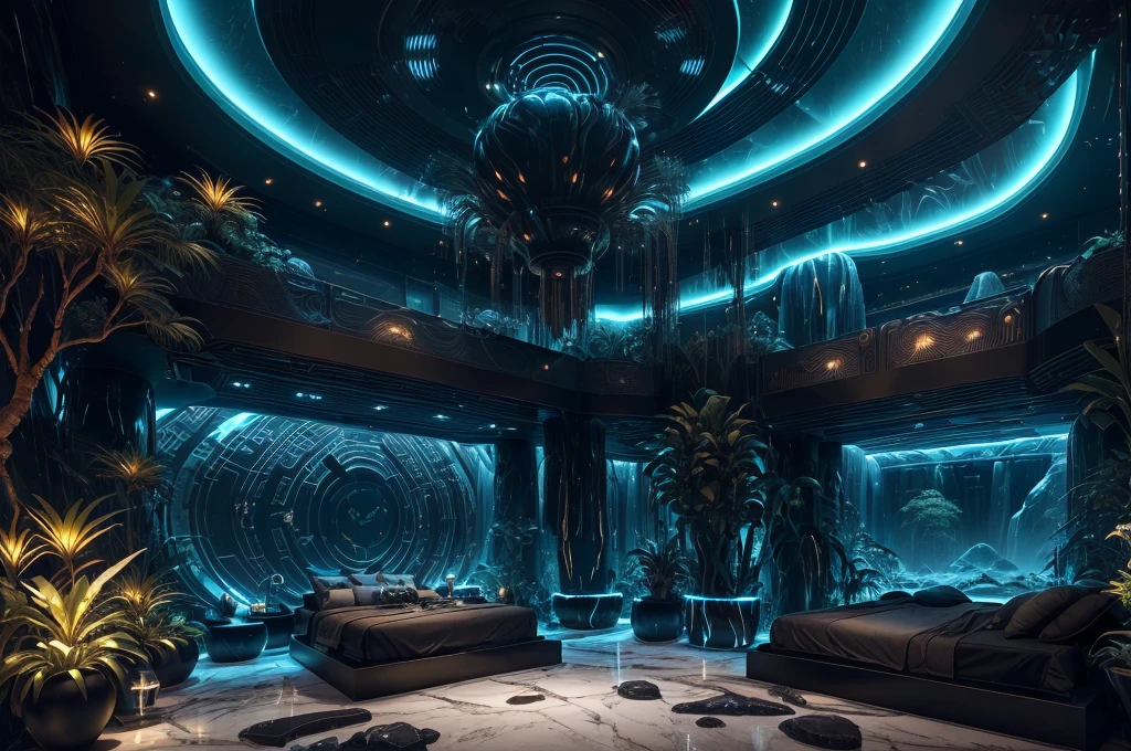 incredible black luxurious futuristic bedroom interior in Ancient Egyptian style with many ((lush plants)) (lotus flowers), ((palm trees)), rocky walls, (sand), ((waterfalls)) (marble), ((precious minerals)), ((metals)), (gemstones), crystals, clouds and ((water)), ((curvy futuristic furniture)), crocodiles, (hieroglyphics), (((ultra luxury))), (black marble) – with ((beautiful lights)), Unreal Engine, HQ, 16k