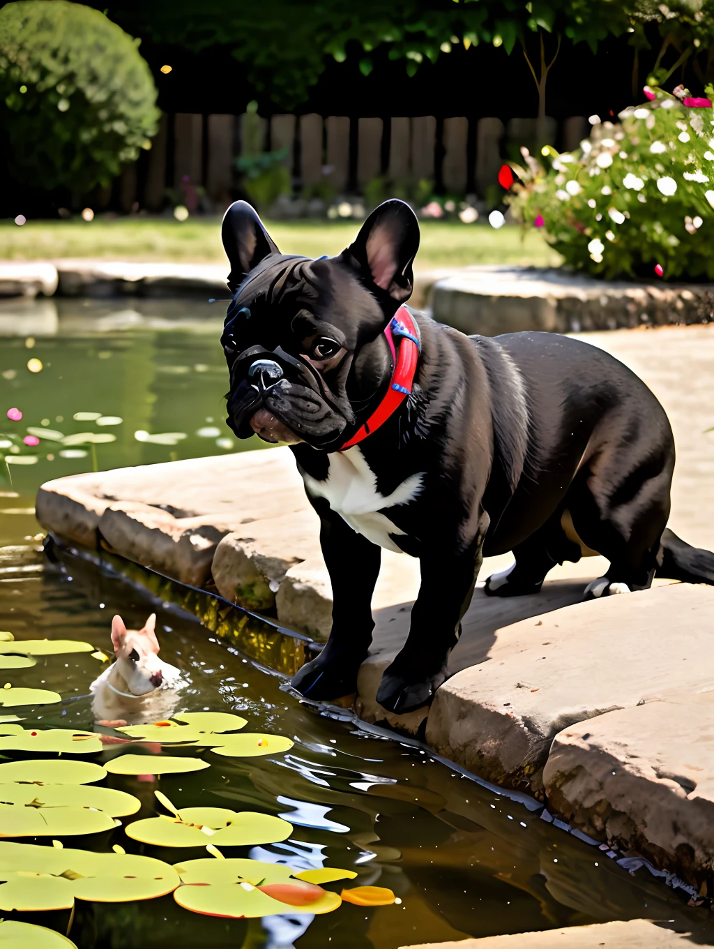 French bulldog looking at the fish in the pond