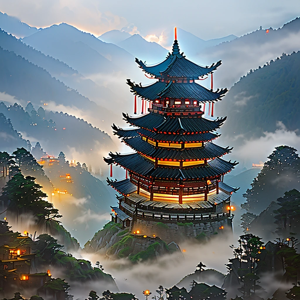 Yunnan Shuanglang Ancient Town pictures, ancient houses, stone roads, alleys are very deep, after the rain, misty rain, the distant mountains are very clear, there is a light fog, real shooting, artistic conception, super high definition --q 2 --v 5 --ar 2:3
