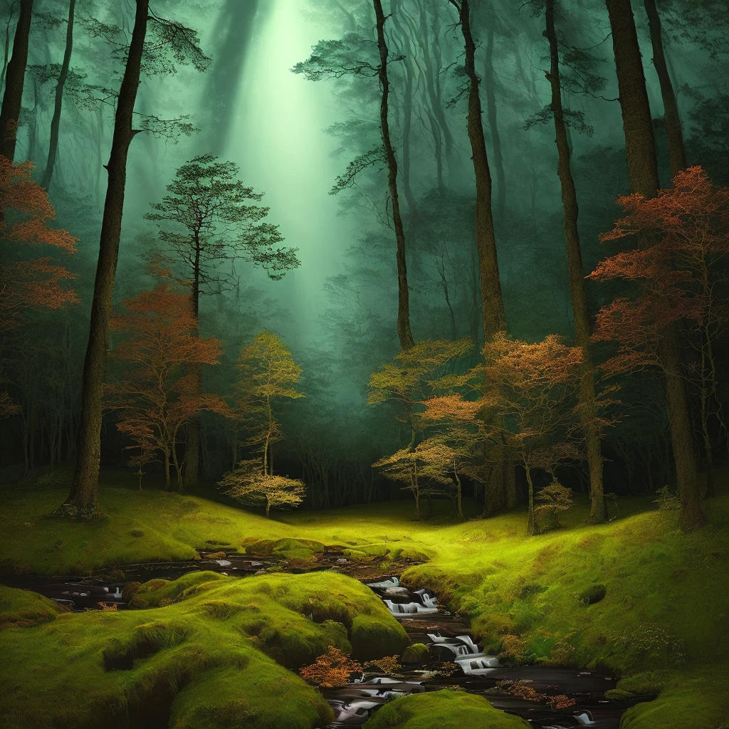 (masterpiece, maximum quality), stunning illustration in the style of "Brian Frode", slow close-ups, saturated with dark colors, surrounded by endless nature, hidden in the depths of a dark forest.